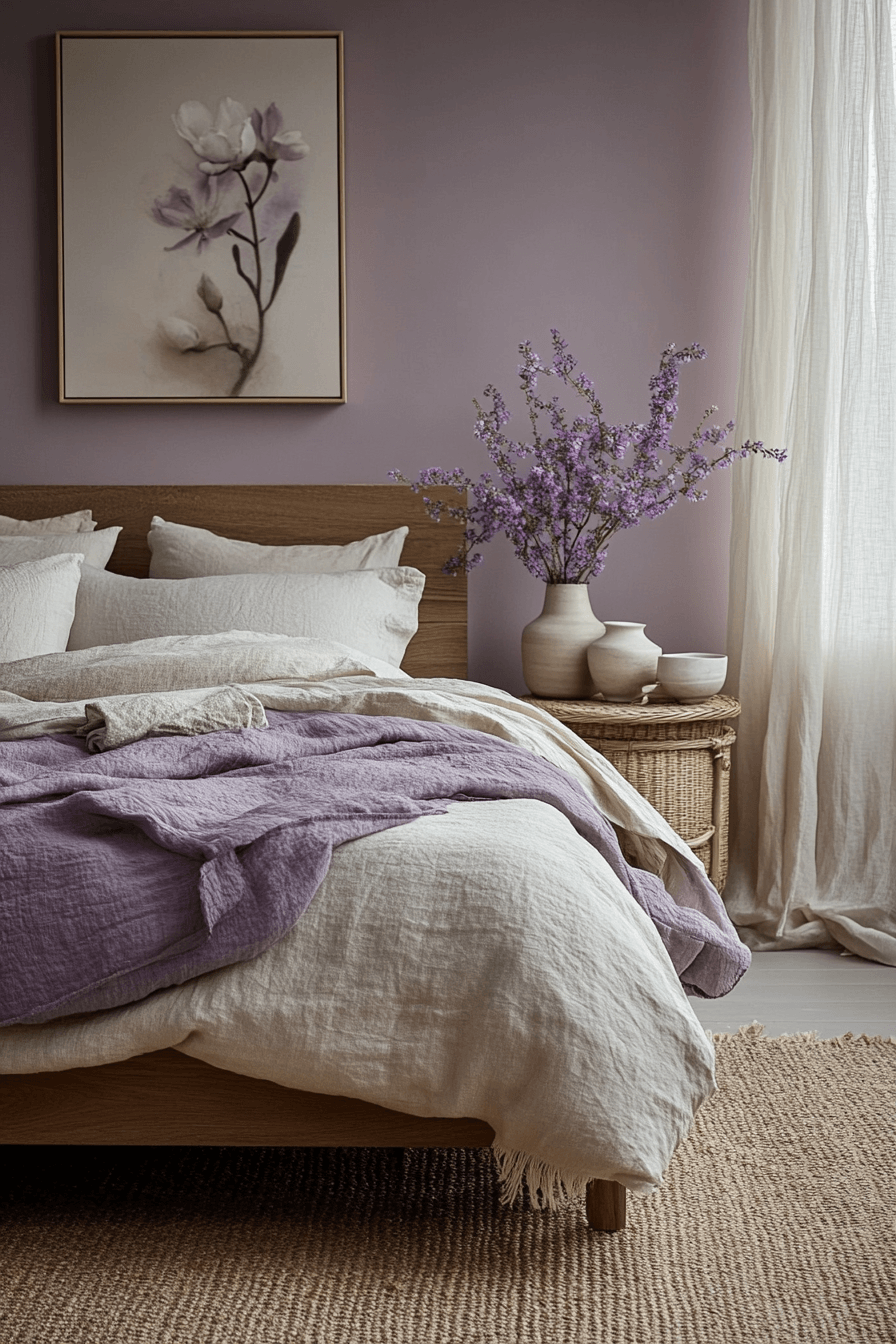 Serene dusty purple bedroom with light oak furniture and soft neutral bedding