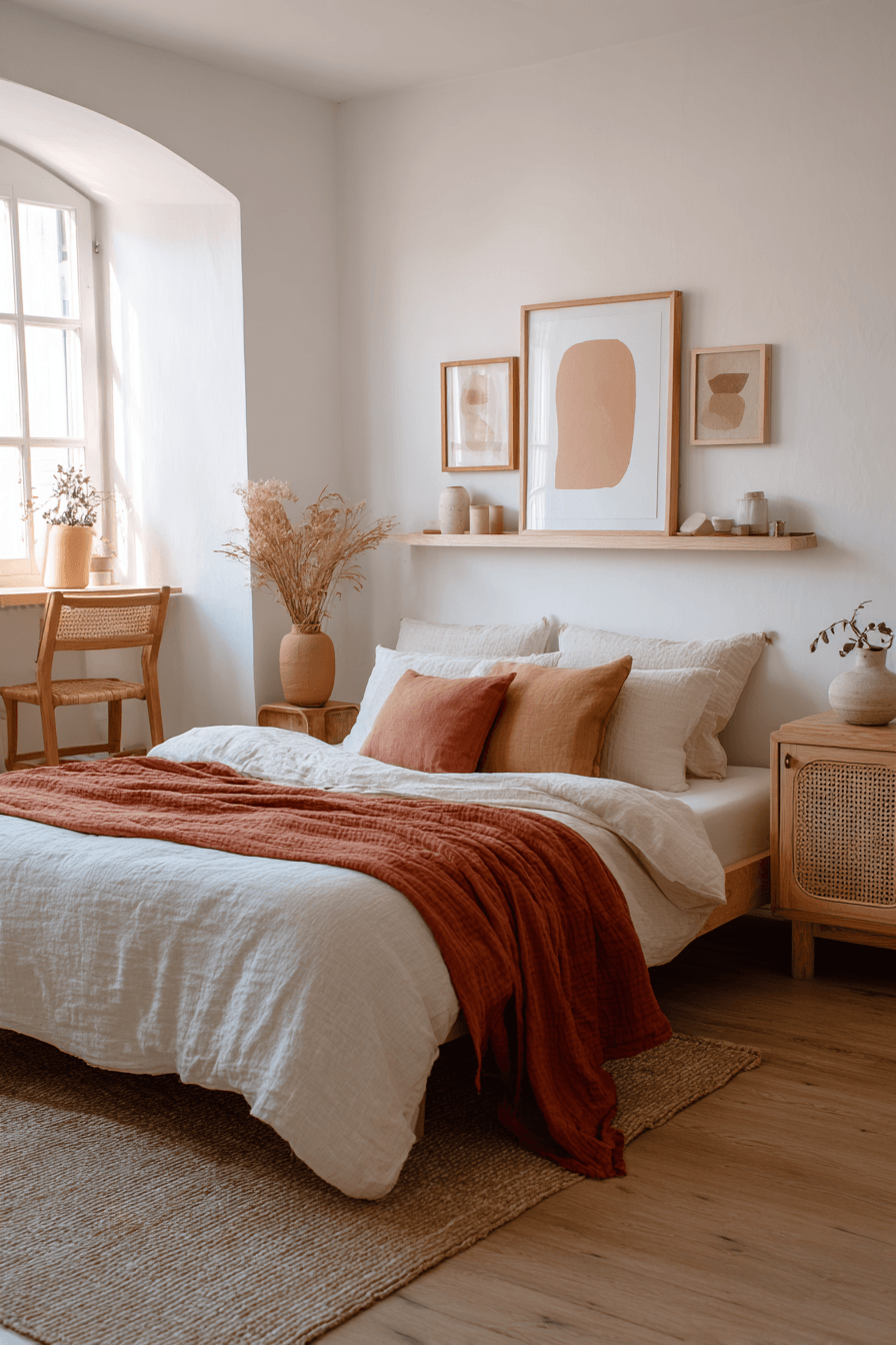 Warm minimalist bedroom with dusty terracotta accents and natural materials