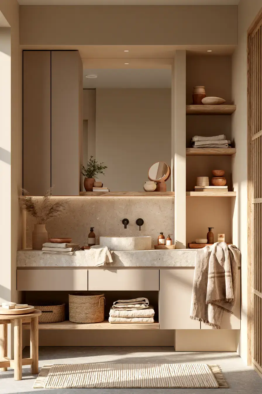 Japandi bathroom in earthy beige and taupe tones with wood, stone, and linen textures