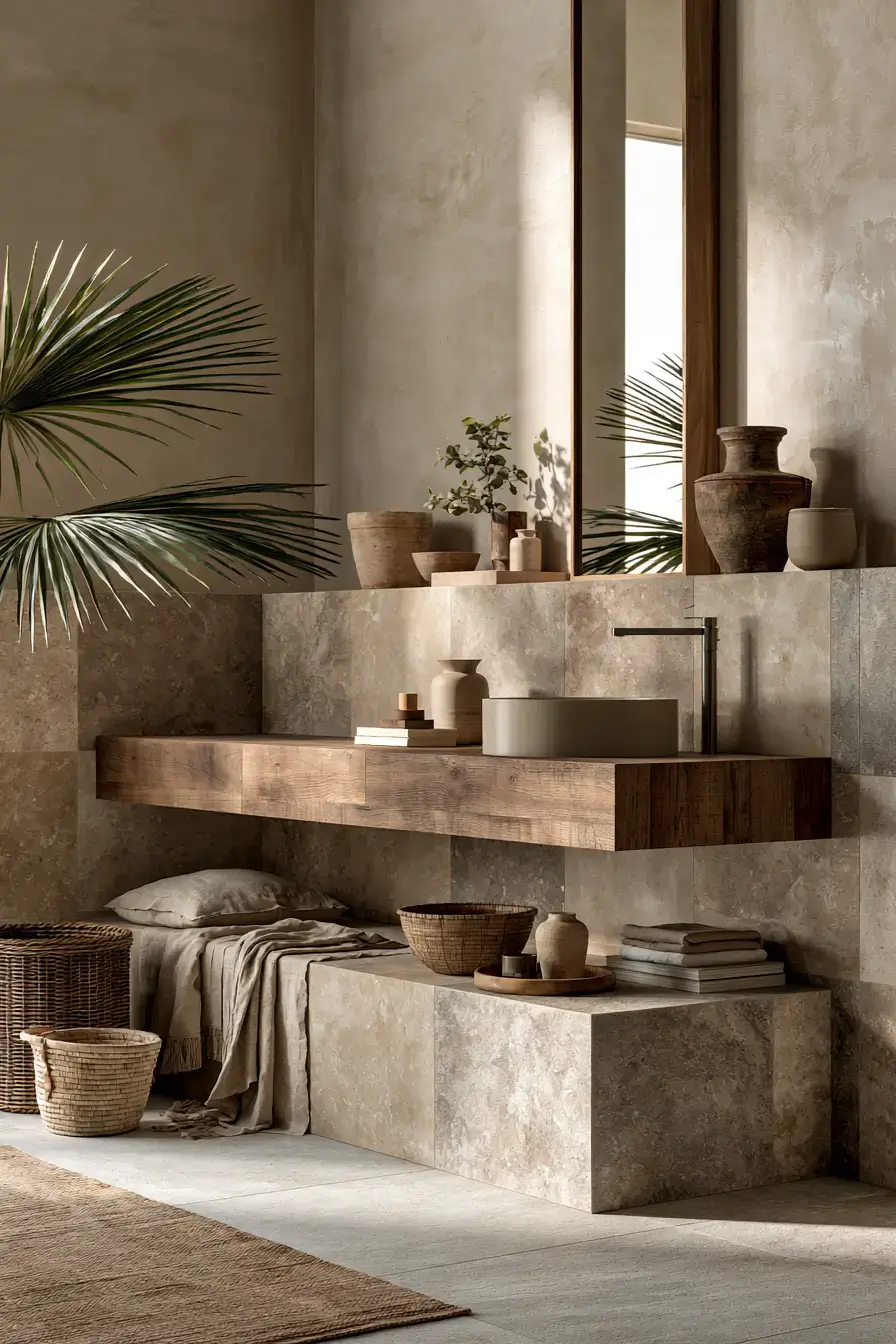 Earth-toned bathroom with warm stone, wood, and neutral accessories