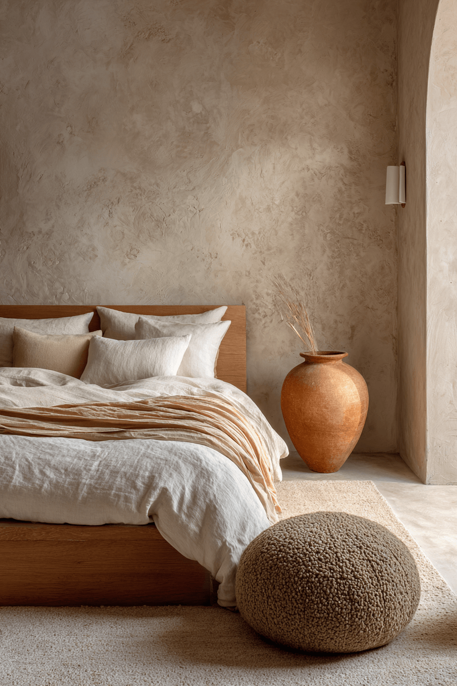 Warm minimalist bedroom with earthy clay, sand, and moss tones