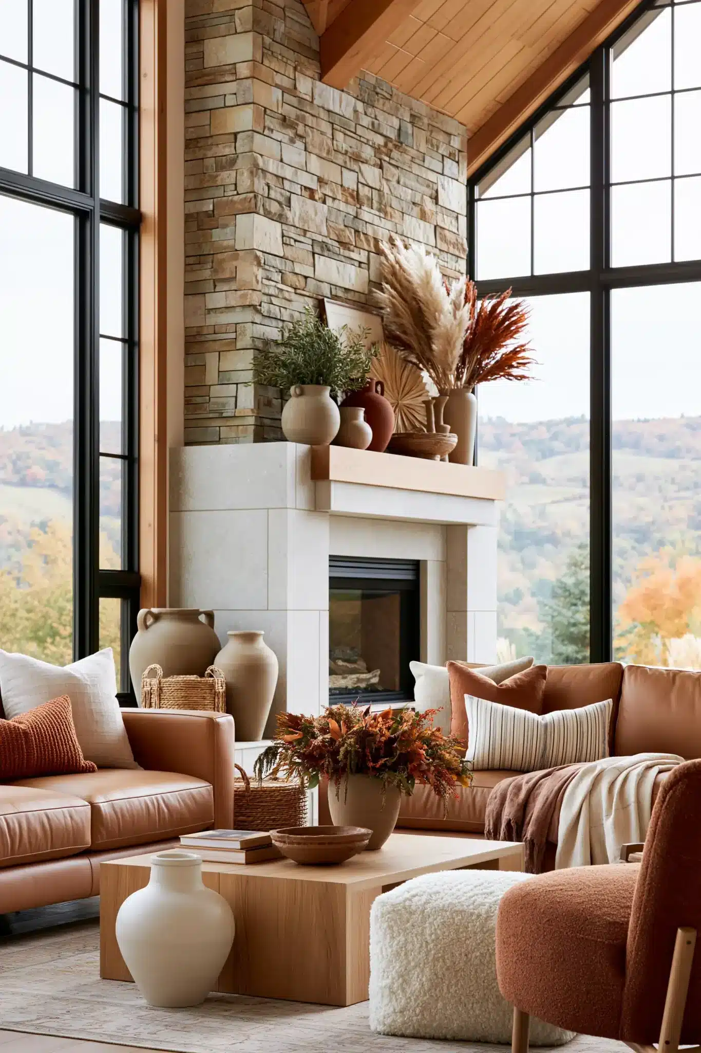 Earth-toned Thanksgiving mantel with clay, olive, rust, pottery, and woven textures.