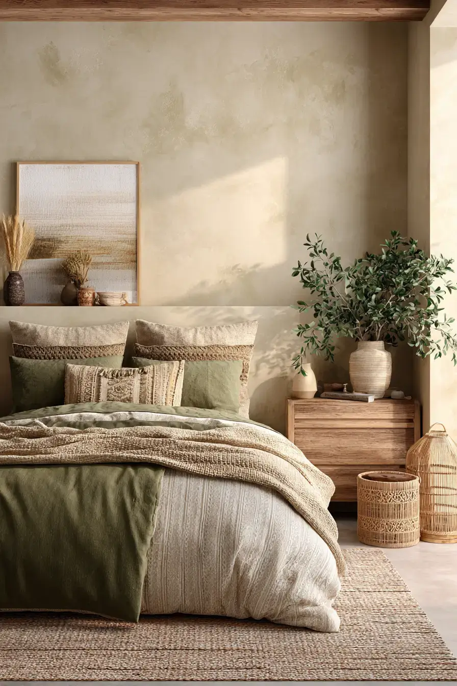 A green boho bedroom with earth tones, rustic wood, and handmade decor