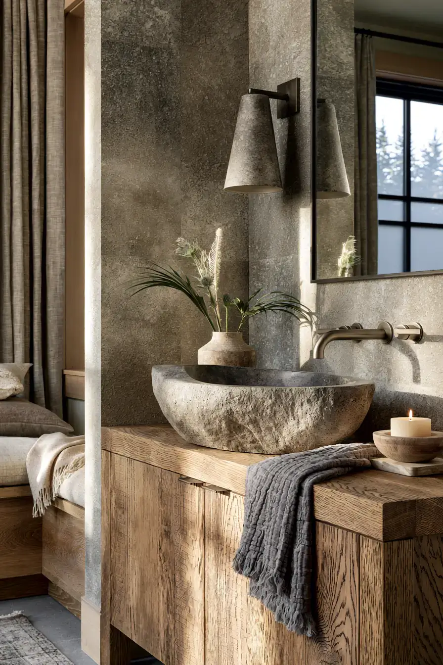 An earthy bathroom interior with a stone sink and warm natural materials