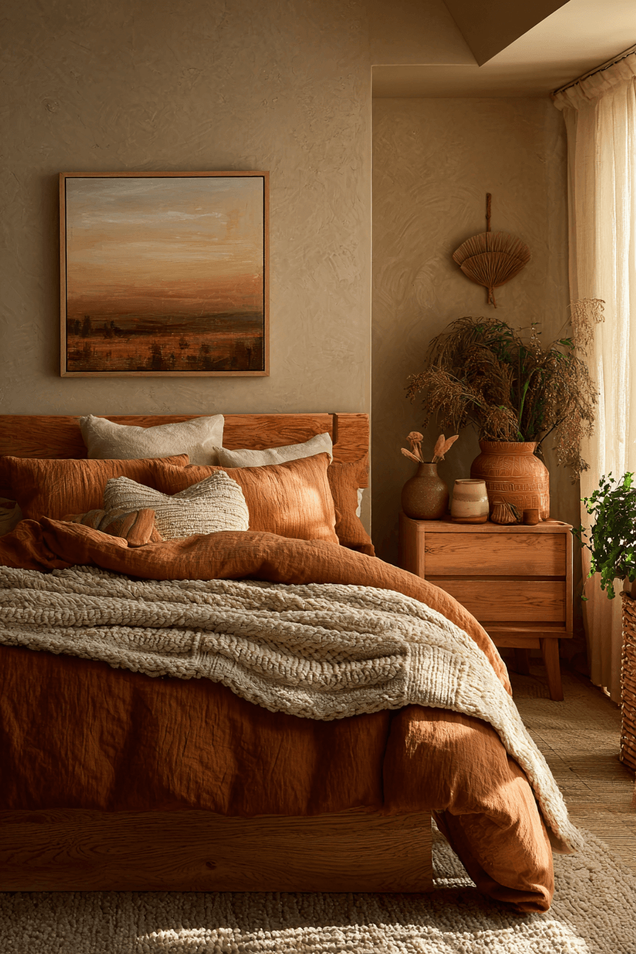 An earthy chic bedroom with soft clay tones, woven textures, and elegant lighting.