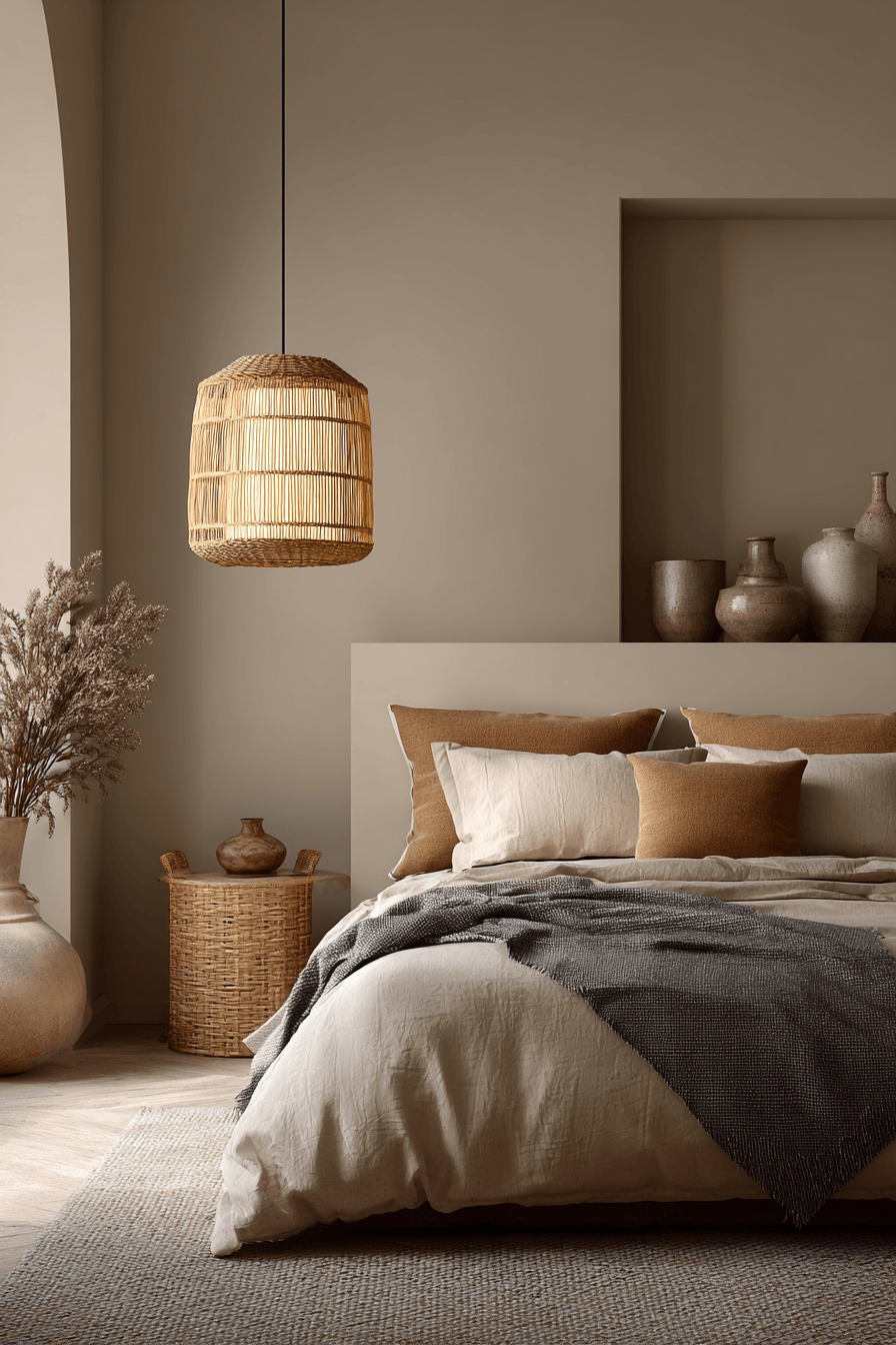 beige bedroom warmed with clay and earthy accents