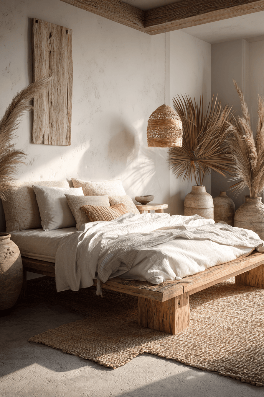 Natural coastal bedroom with stone wood cotton textures and soft greenery