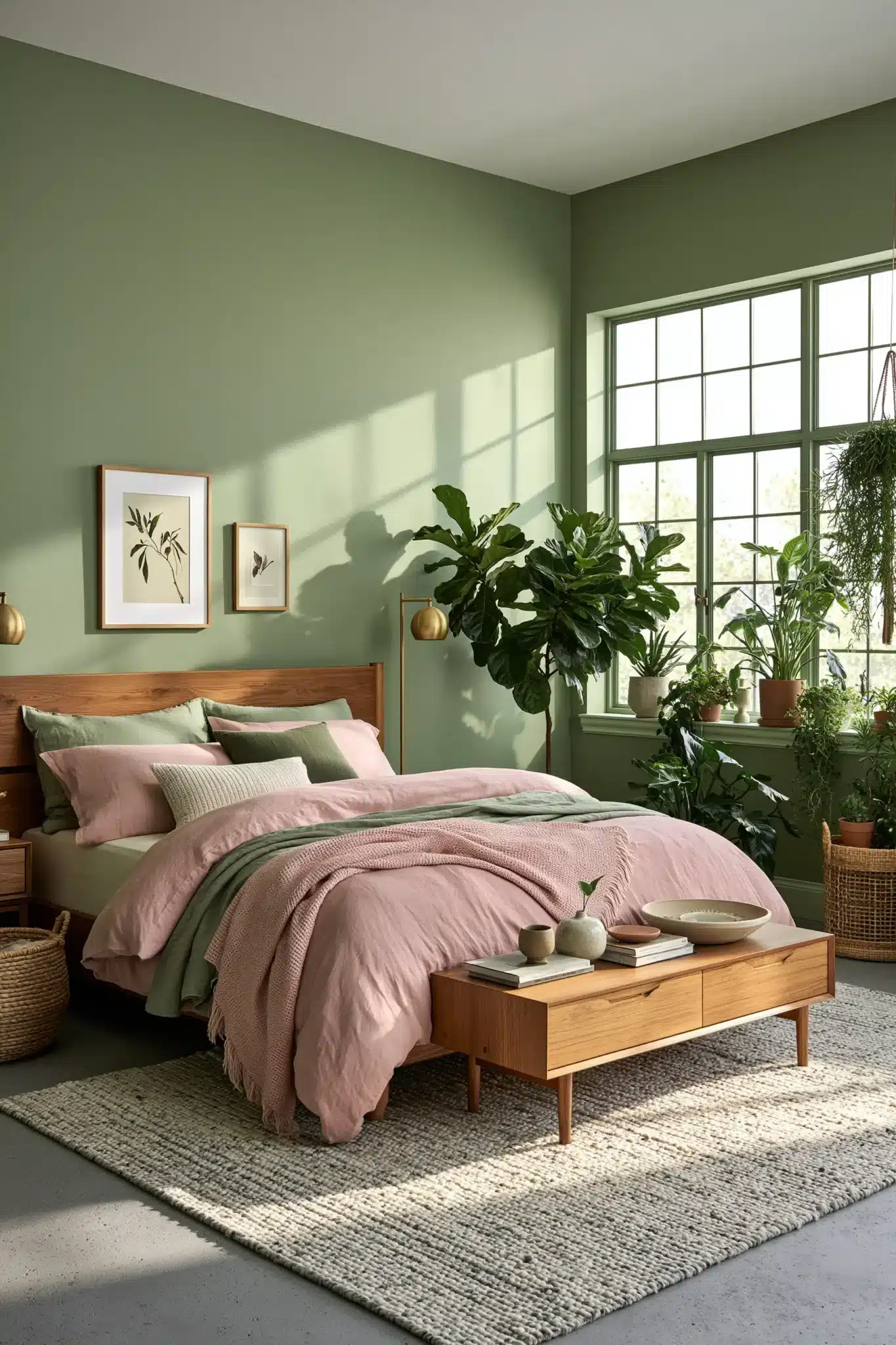 Earthy sage green and blush bedroom with wood furniture, linen bedding, and woven textures.