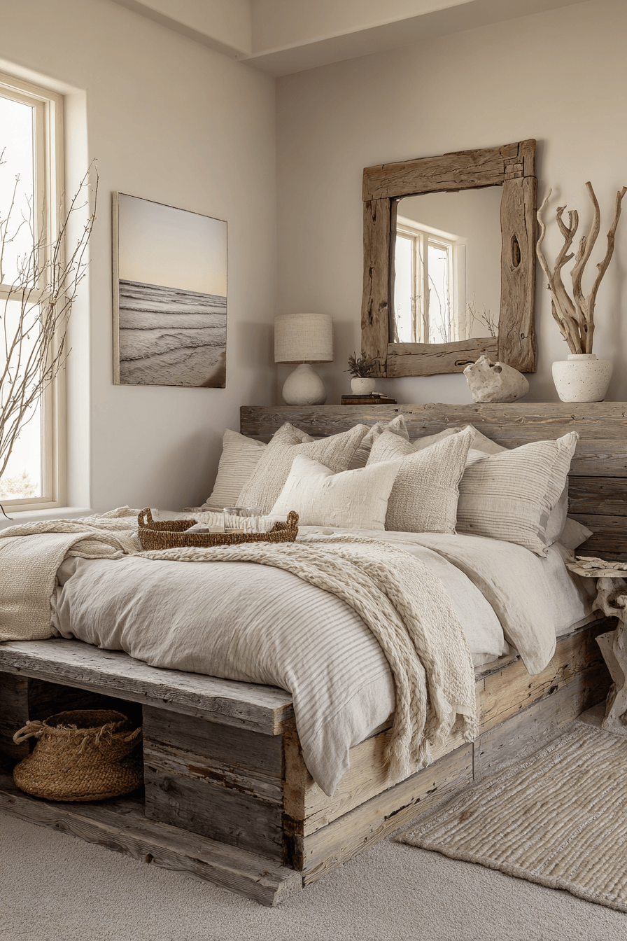 Earthy beach theme bedroom with driftwood details, sand tones, and natural textures