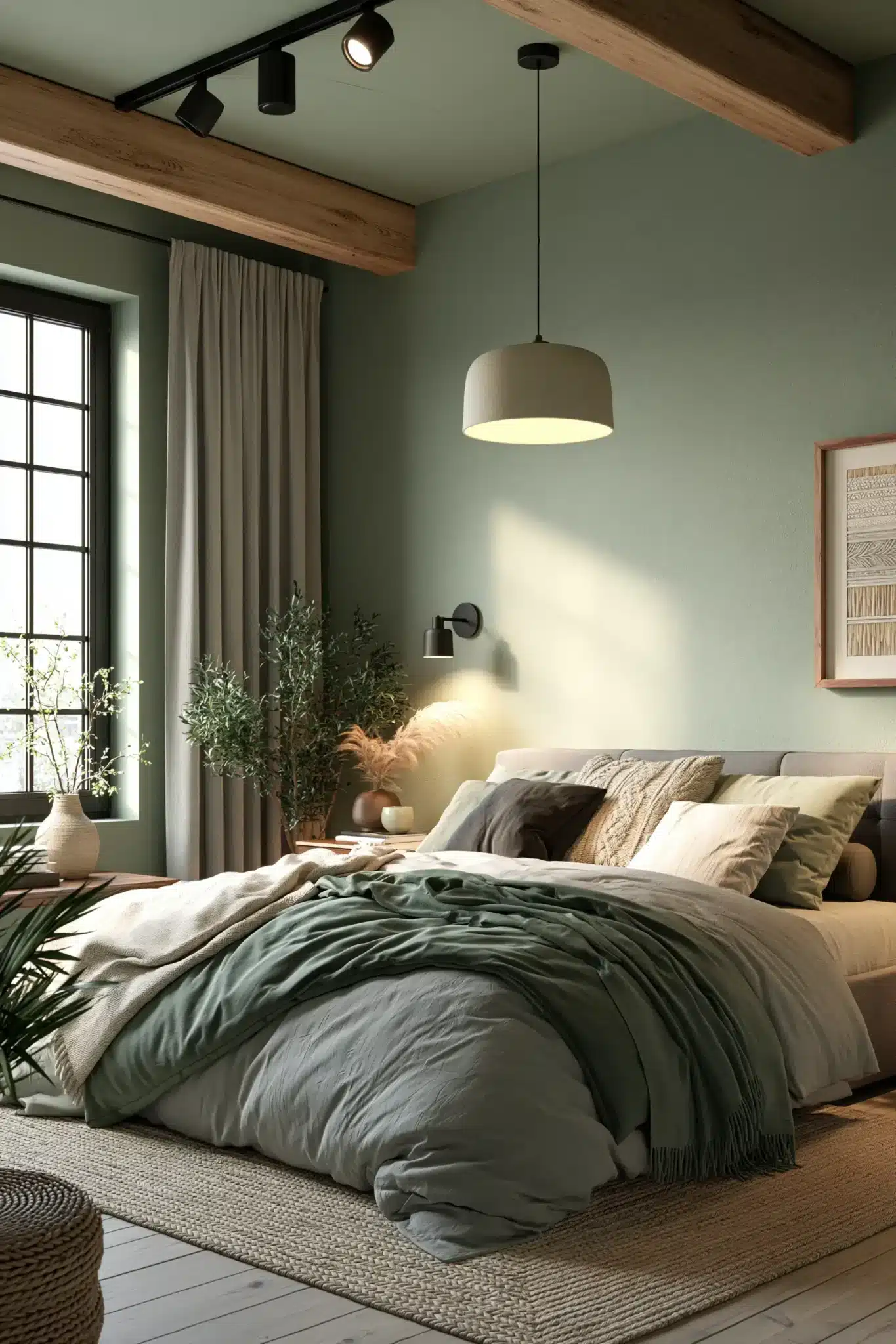 Warm sage green and grey bedroom with earthy tones, layered lighting, and plush textures