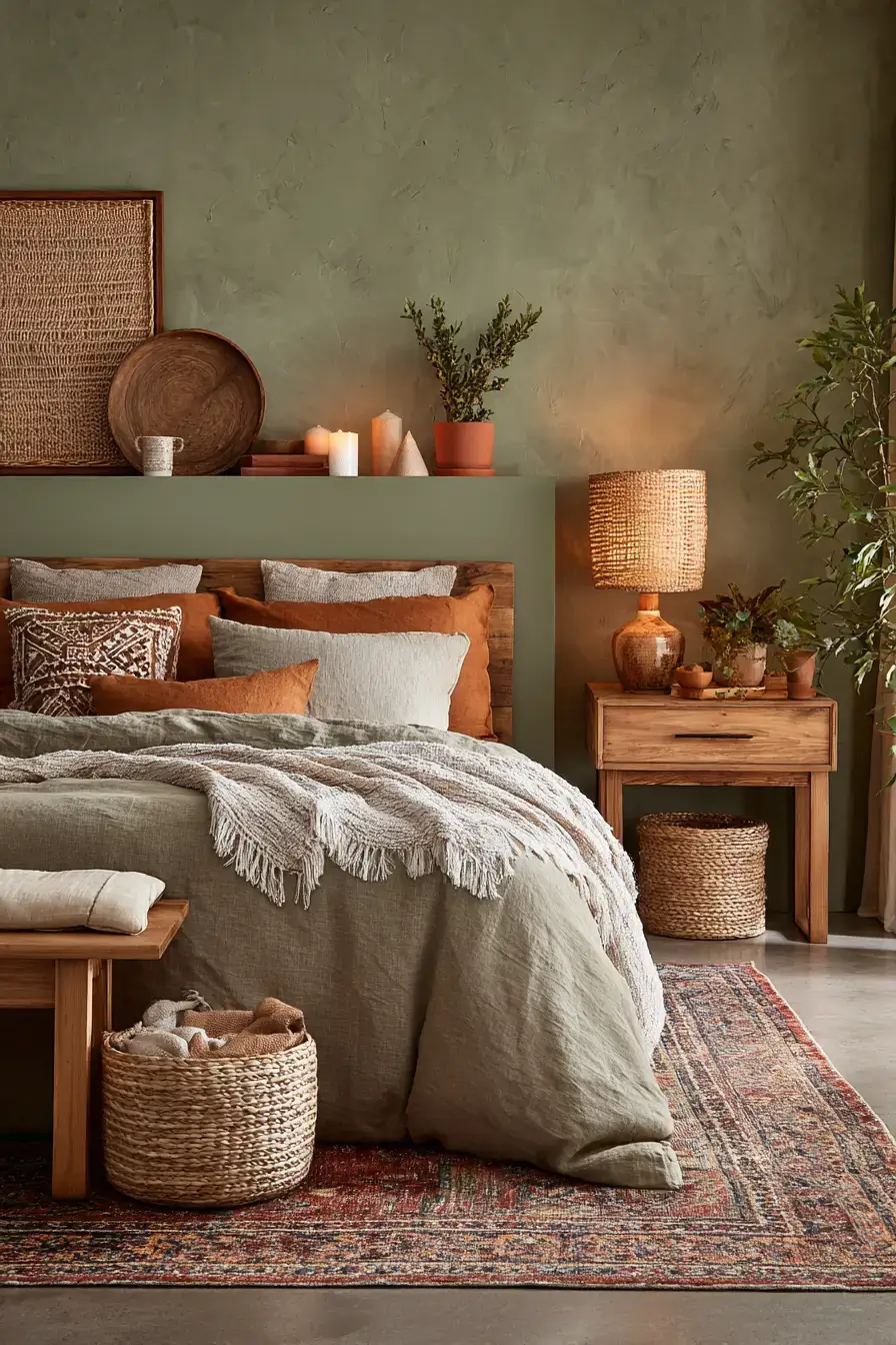 A green boho bedroom with terracotta accents, woven baskets, and rustic wood furniture