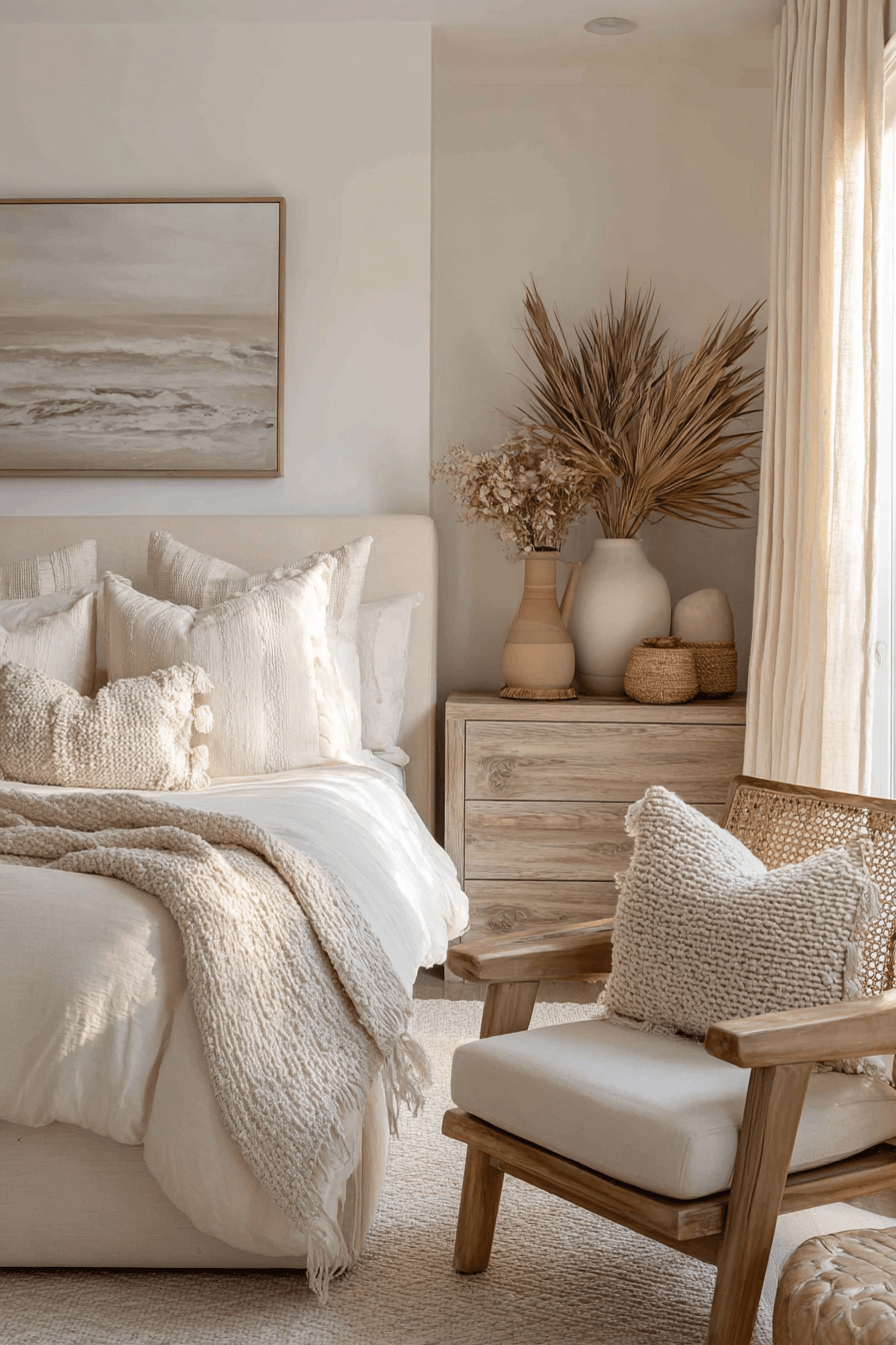 Beachy boho bedroom with earthy neutral tones, honey wood furniture, macramé wall art, and handmade pottery