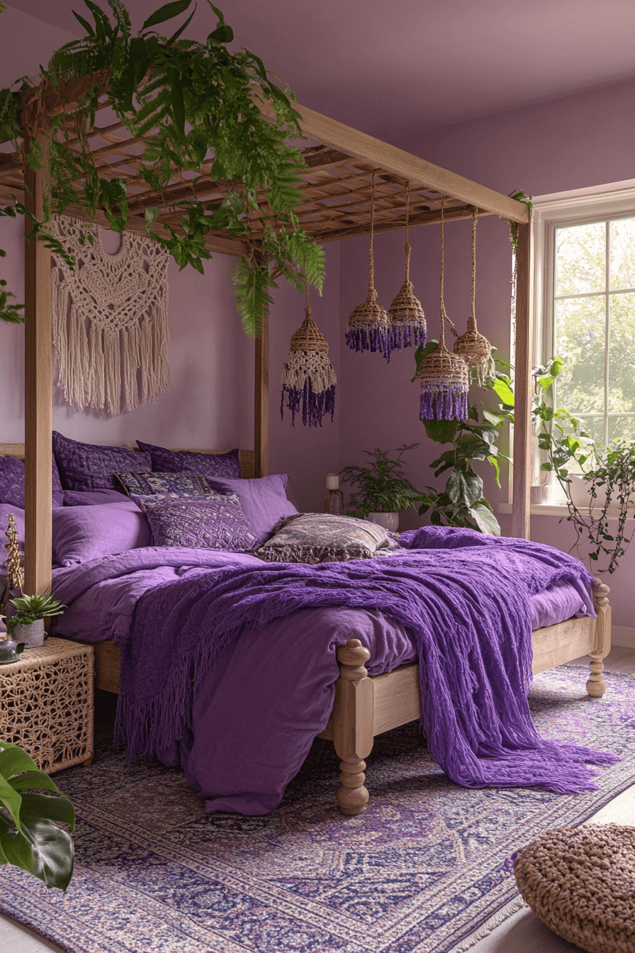 Boho purple bedroom with woven decor, plants, and layered textiles