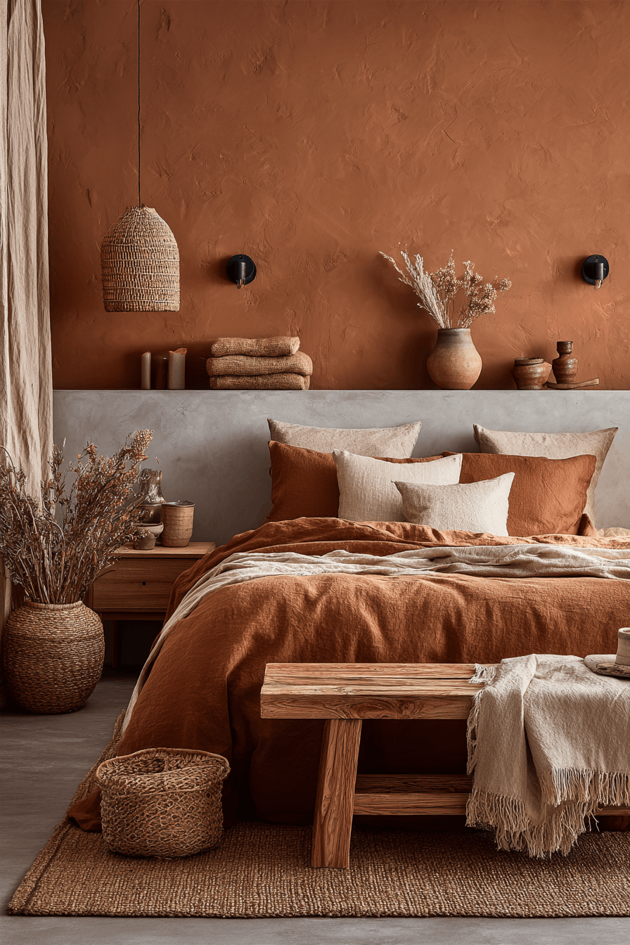 An earthy bedroom with terracotta bedding, clay tones, and natural wood accents