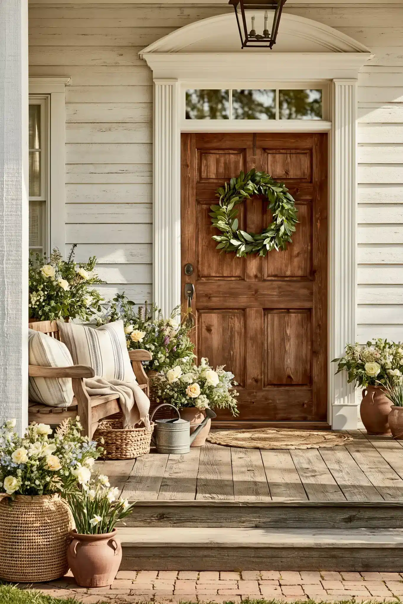 A countryside-inspired spring porch with natural materials, soft blooms, and relaxed styling.