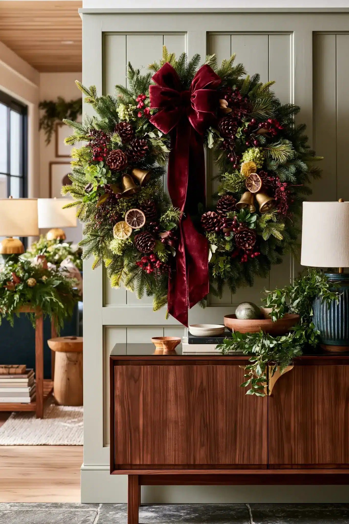Classic holiday wreath decorated with greenery, ribbon, and seasonal accents.