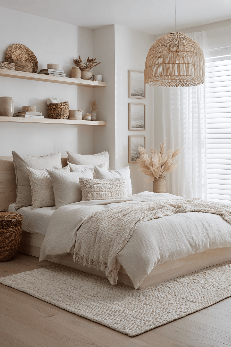 Beachy boho bedroom with a light palette, pale wood furniture, relaxed linens, and simple handmade decor