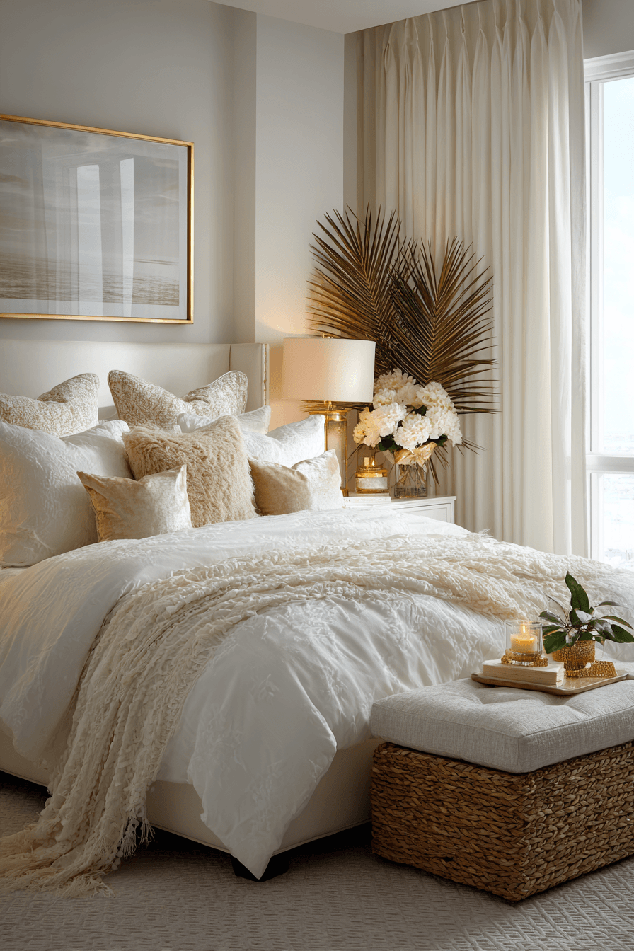Relaxed luxury beach bedroom with tufted headboard linen bedding rattan and seagrass rug