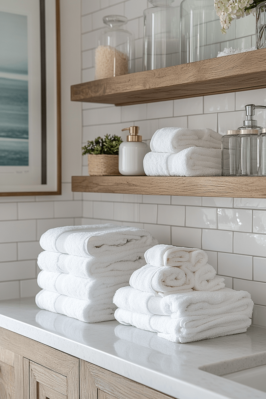 Relaxed beachy bathroom with light tile, pale blue accents, and simple decor