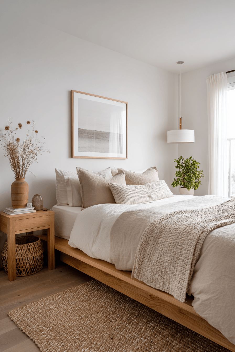 Minimal warm neutral bedroom with white walls, beige bedding, and natural wood accents
