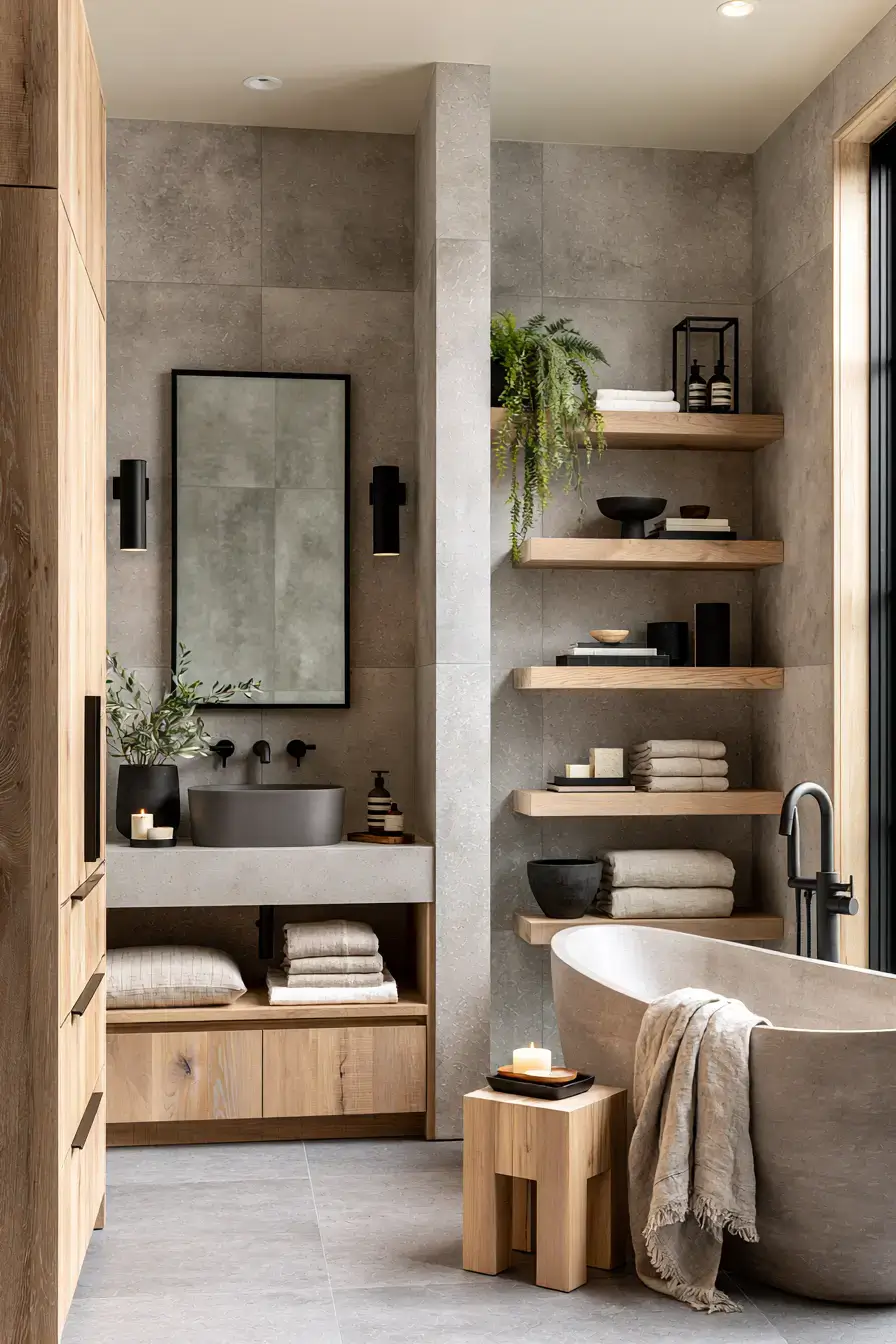 Contemporary Japandi bathroom with pale wood, white ceramic, matte black, and minimal countertop styling