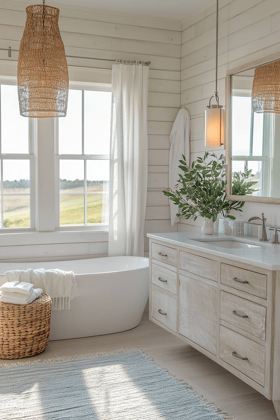 Breezy coastal bathroom with neutral tones, warm wood accents, and brass fixtures