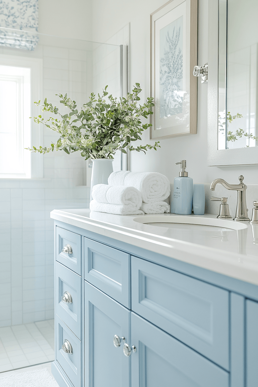 Simple beachy bathroom with white surfaces, pale blue accents, and streamlined storage