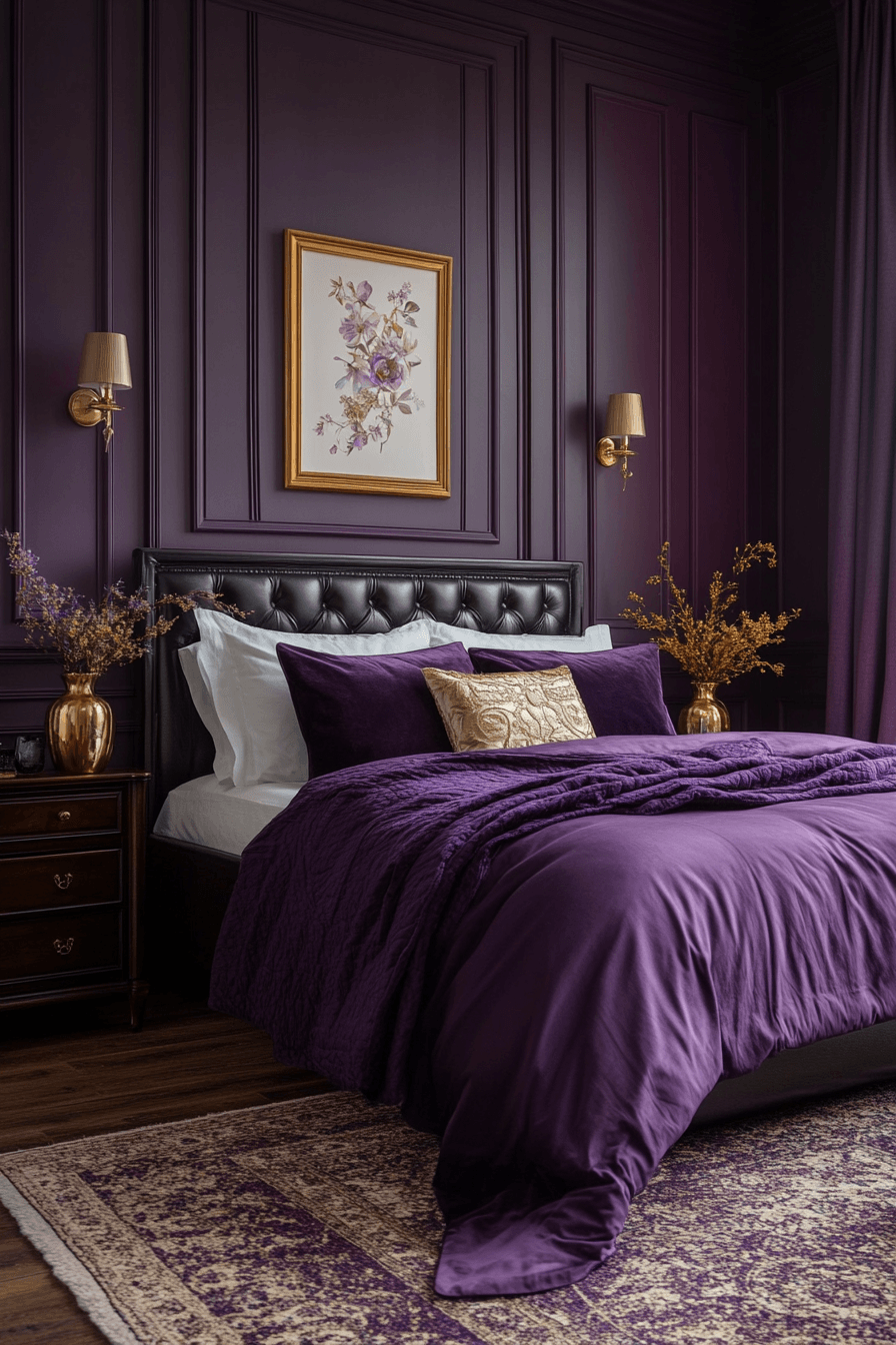 Elegant eggplant bedroom with warm neutral accents and boutique-style styling