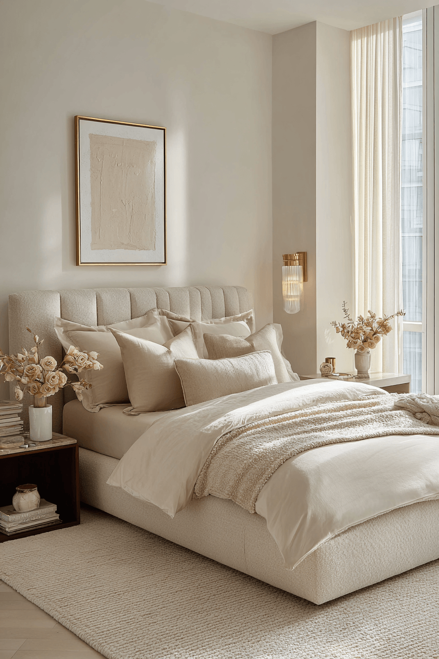 Warm beige bedroom with refined styling, silky textures, and elegant neutral decor