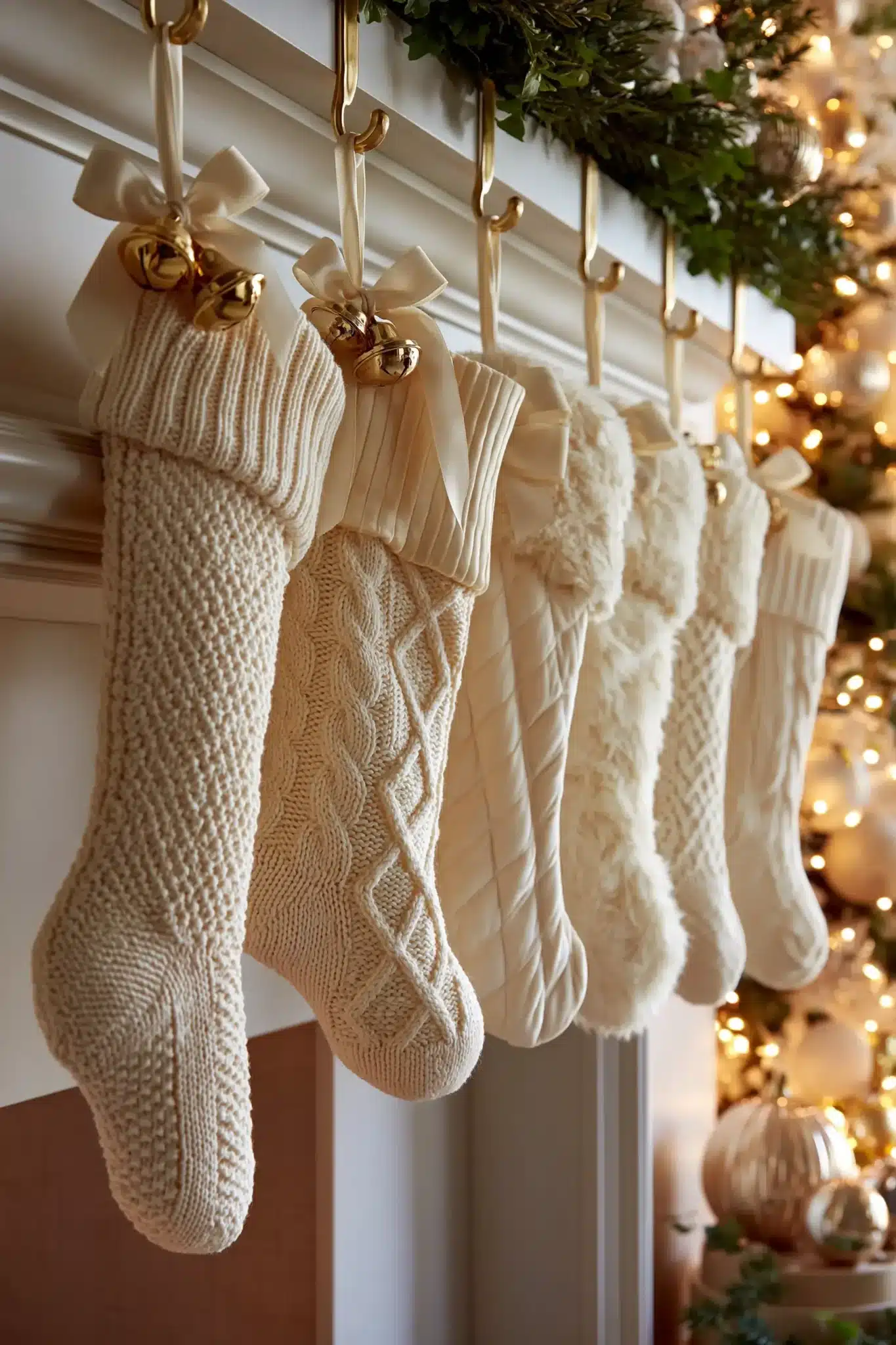 A Christmas stocking display with ivory knit stockings, gold hooks, and festive garland.