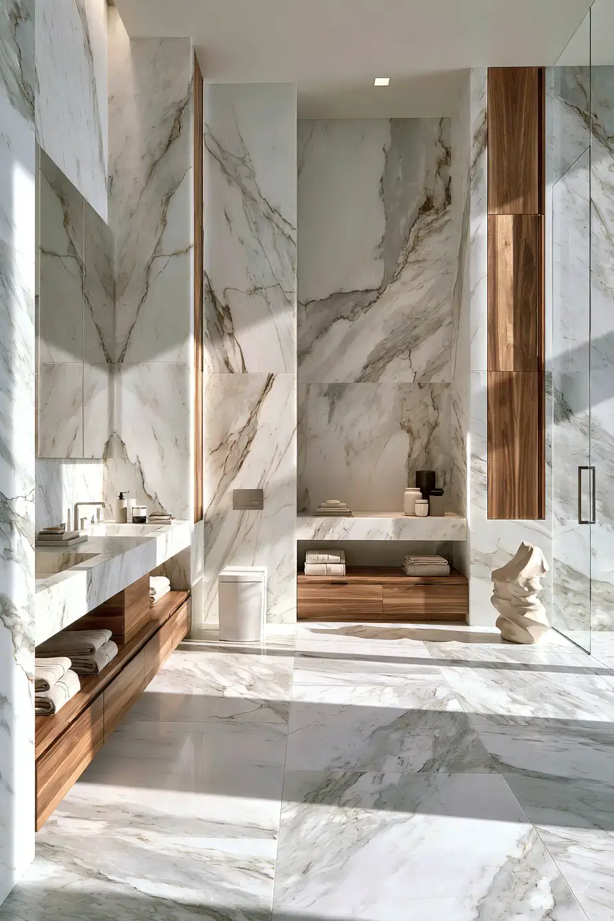 Bright marble bathroom with soft veining and simple wood accents