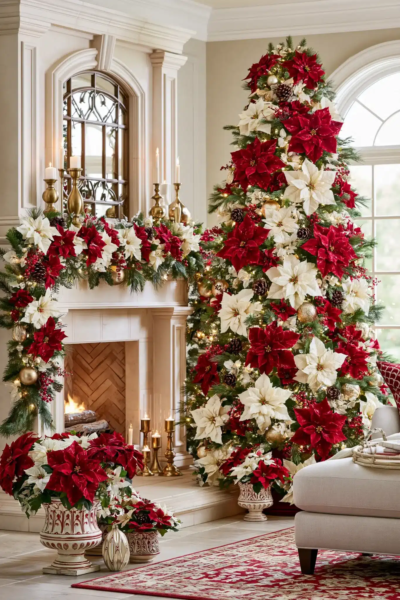 Elegant Christmas decor with poinsettias and classic seasonal greenery.