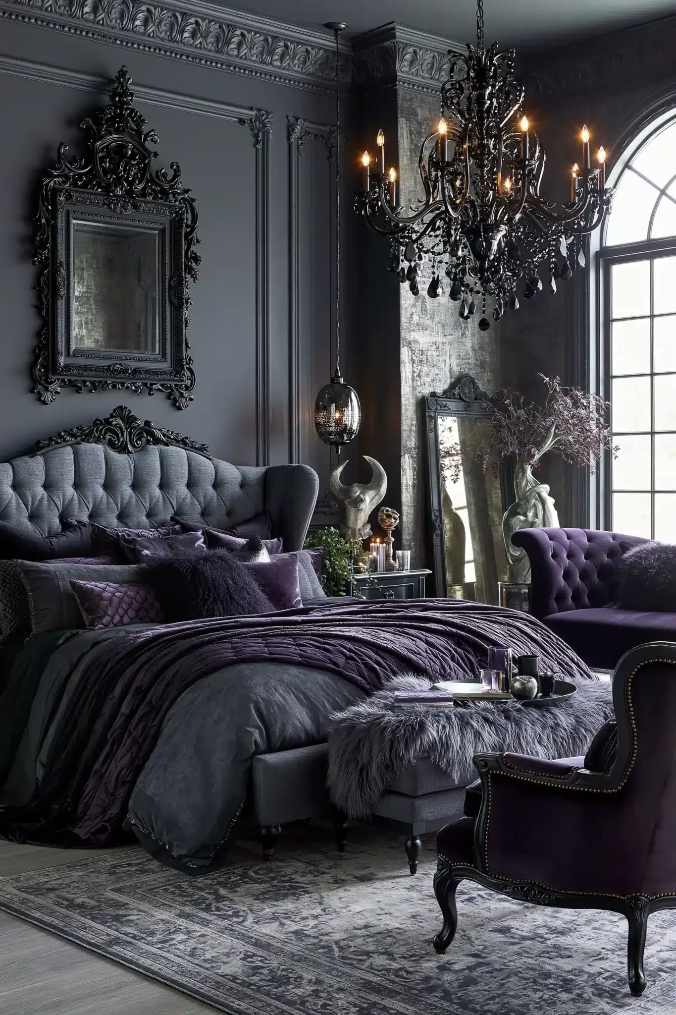 A refined gothic bedroom in raven and charcoal tones with velvet and wood finishes