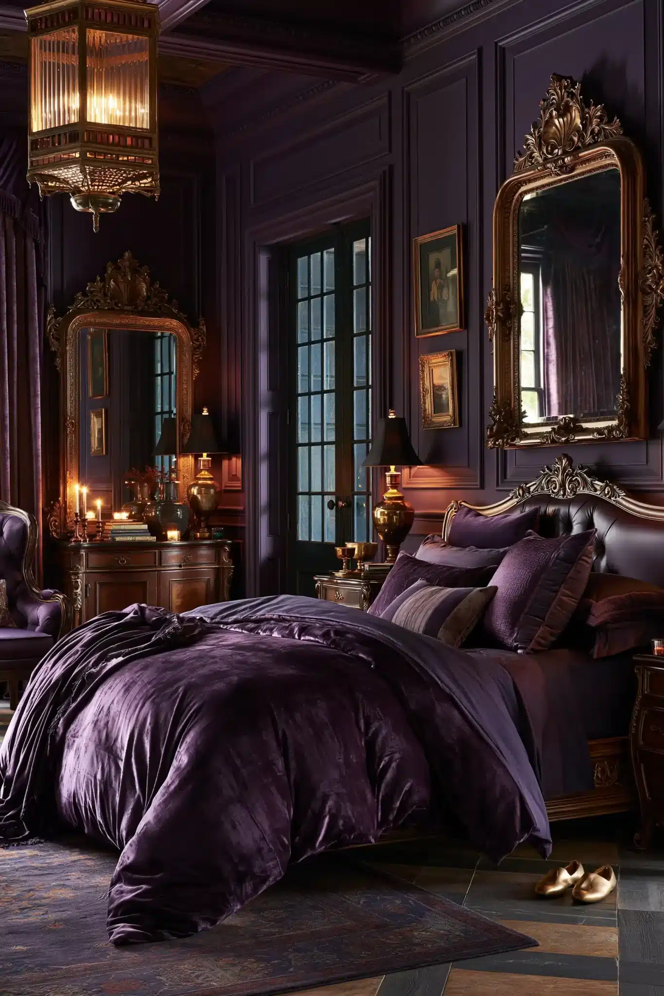 Elegant violet purple gothic bedroom with soft fabrics, antique-style furniture, and curated accessories.