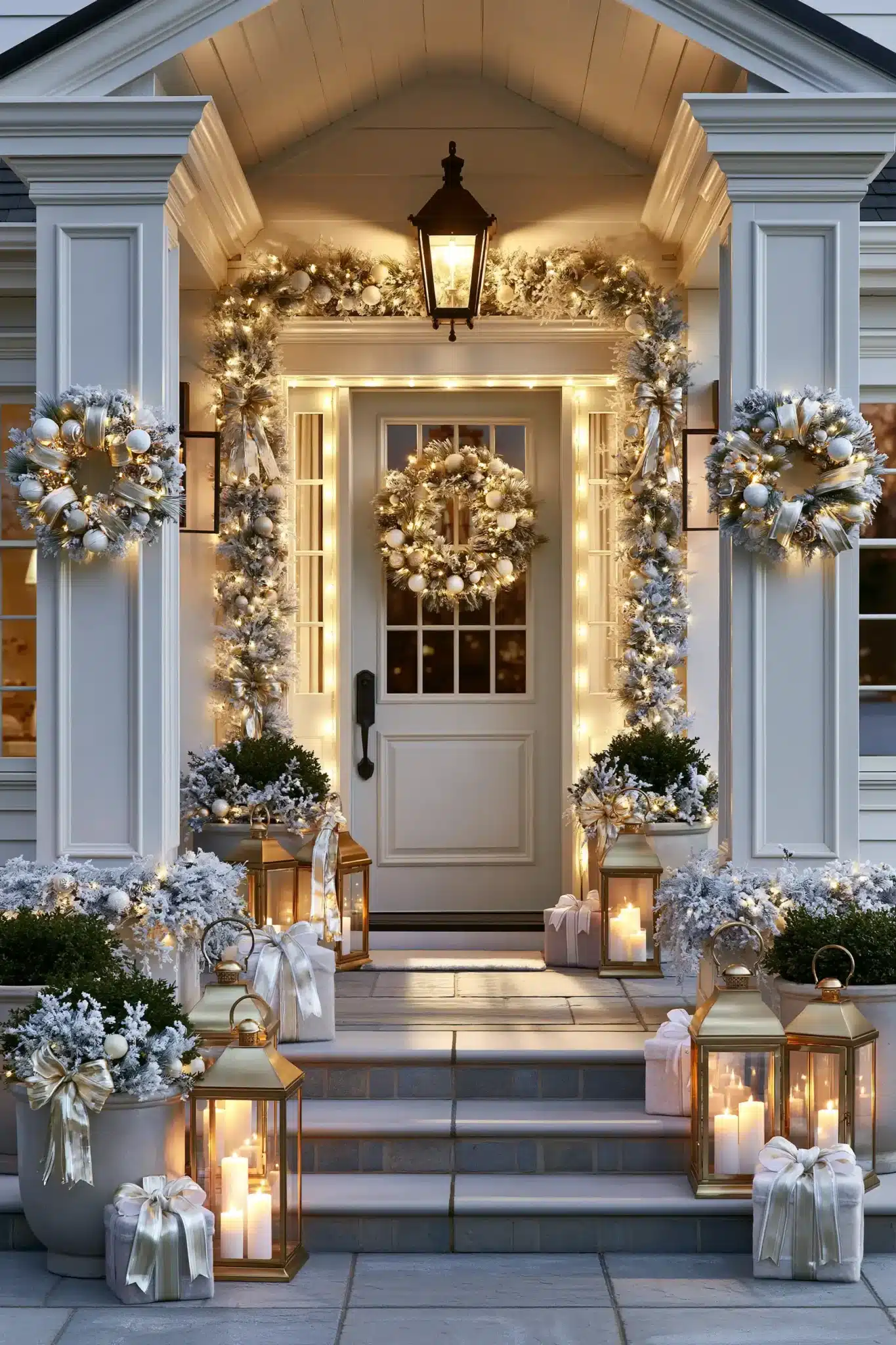 A front porch decorated for Christmas with white wreaths, gold lanterns, and frosted garland.