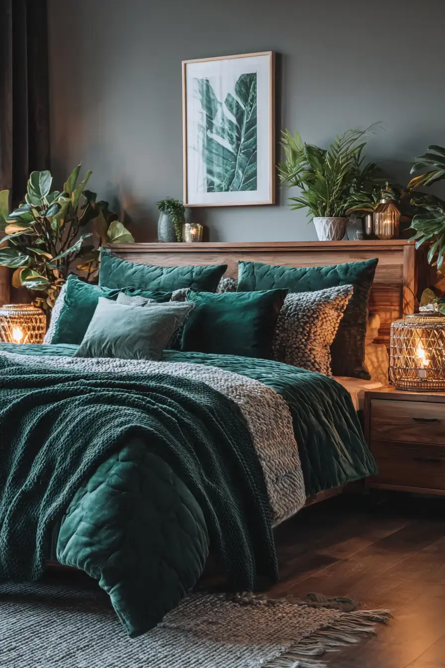 A cozy emerald green boho bedroom with layered textures and natural wood details