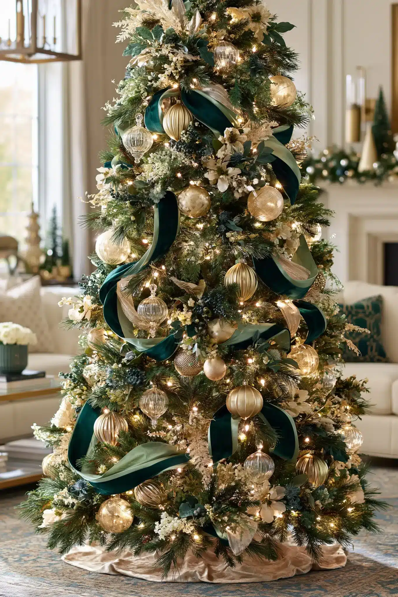 Christmas tree with emerald velvet ribbon, gold ornaments, and layered greenery