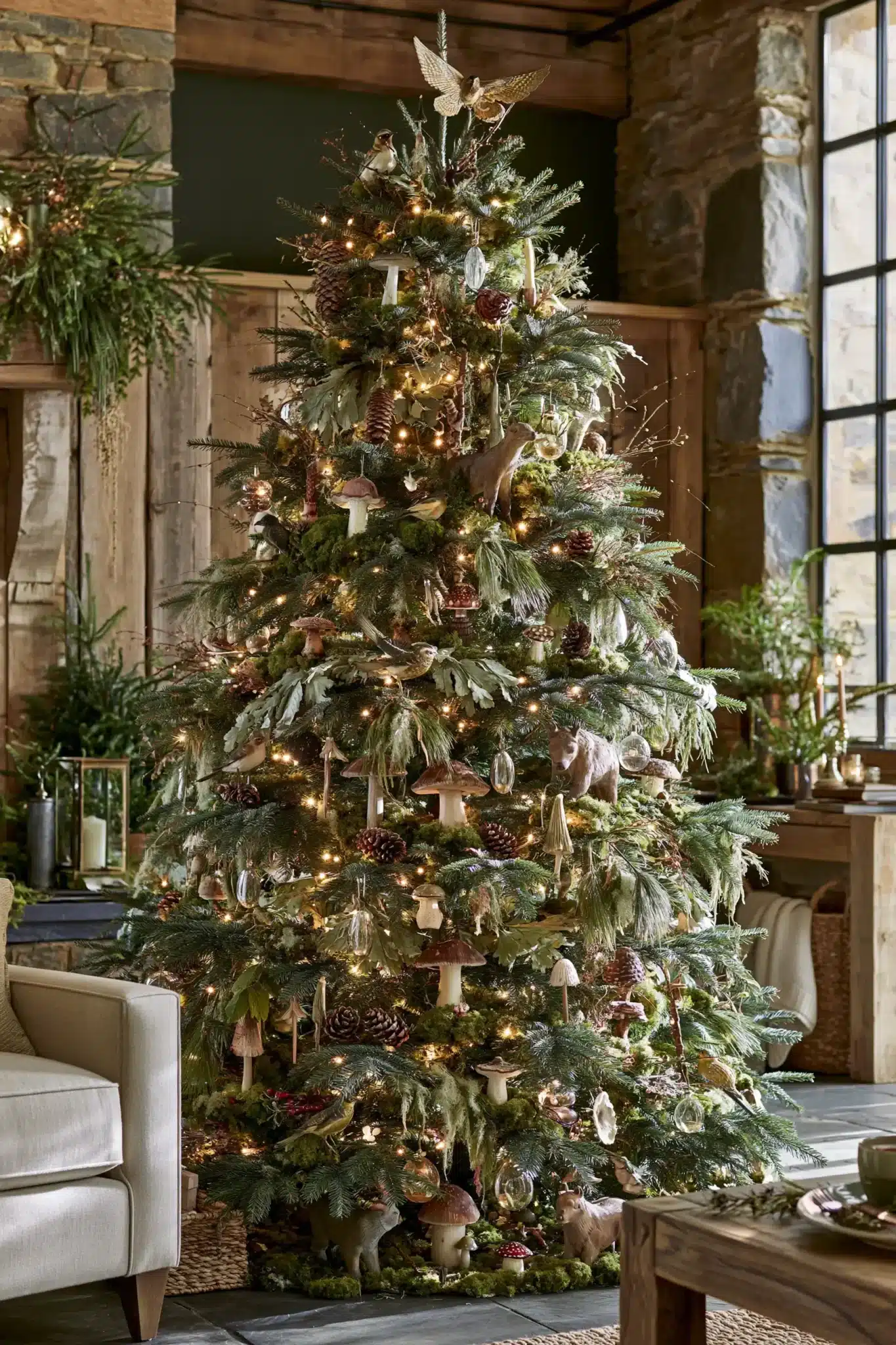 Enchanted forest Christmas tree with woodland animals, leafy garlands, and twinkling lights