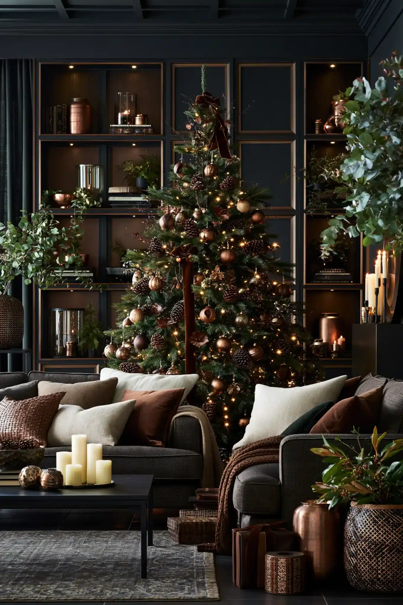 A cozy moody Christmas decor scheme with espresso brown, evergreen, copper, and warm neutrals.