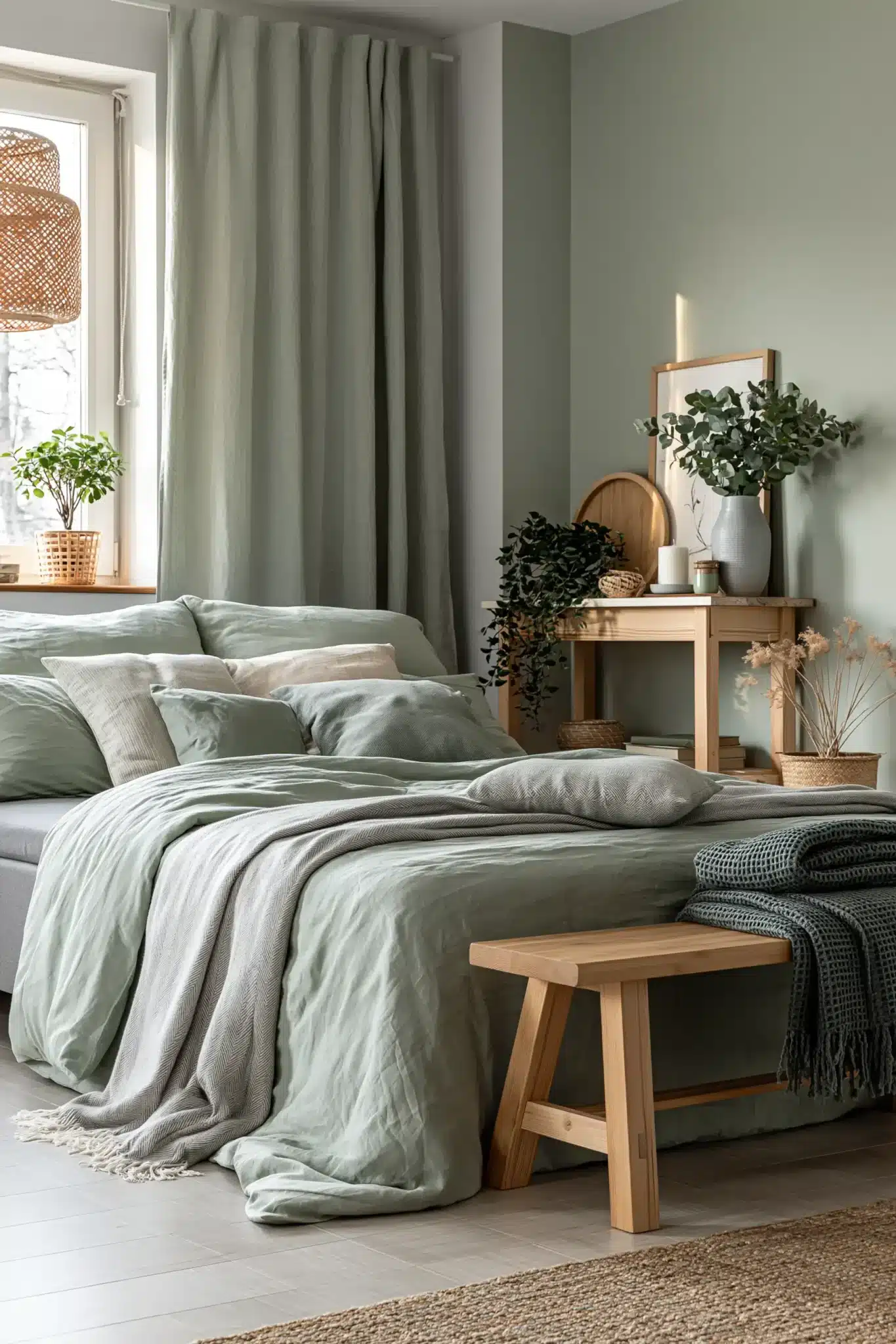 Elegant sage green and grey bedroom inspired by eucalyptus with linen curtains and natural wood