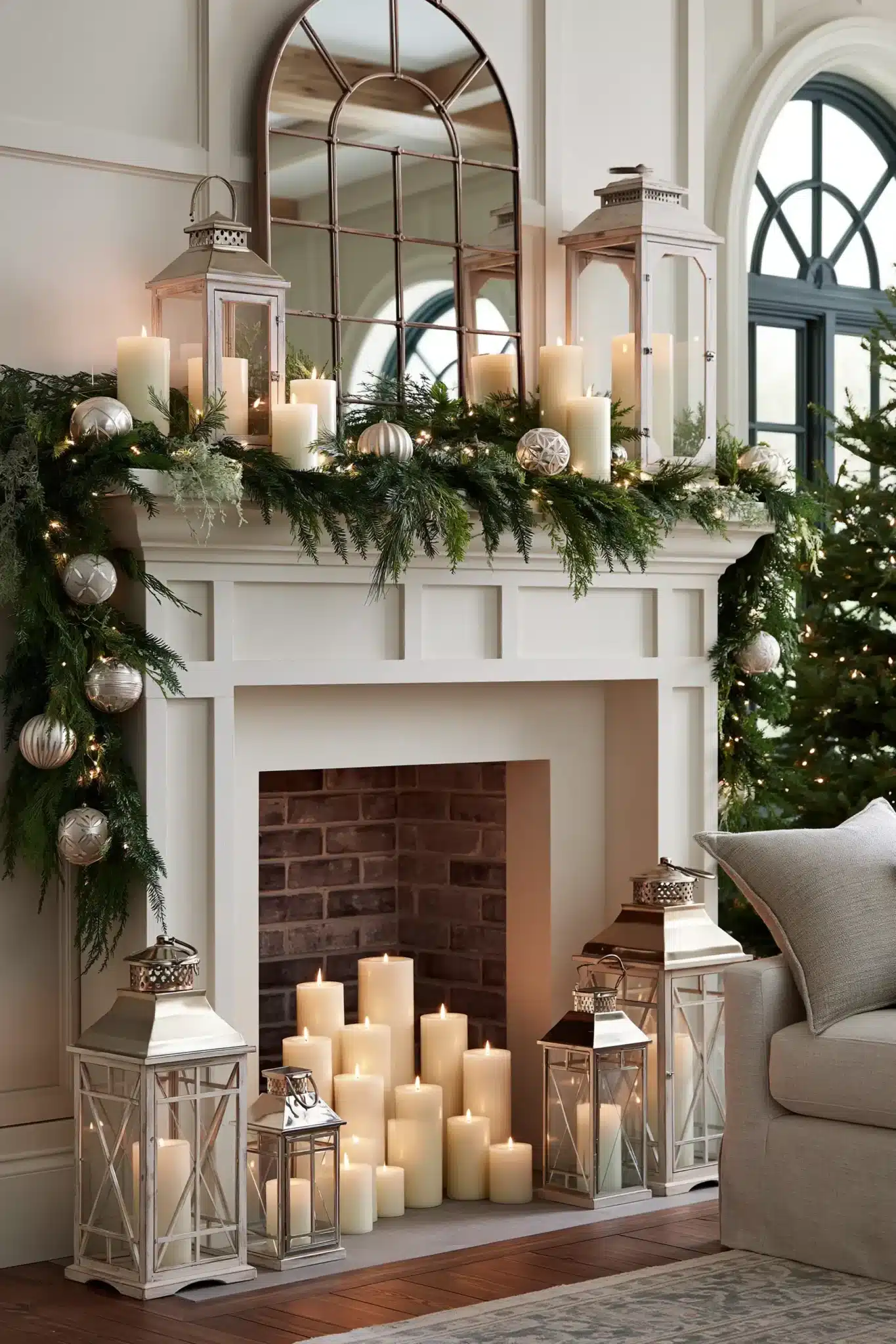 Christmas mantel with evergreen garland and glowing pillar candles