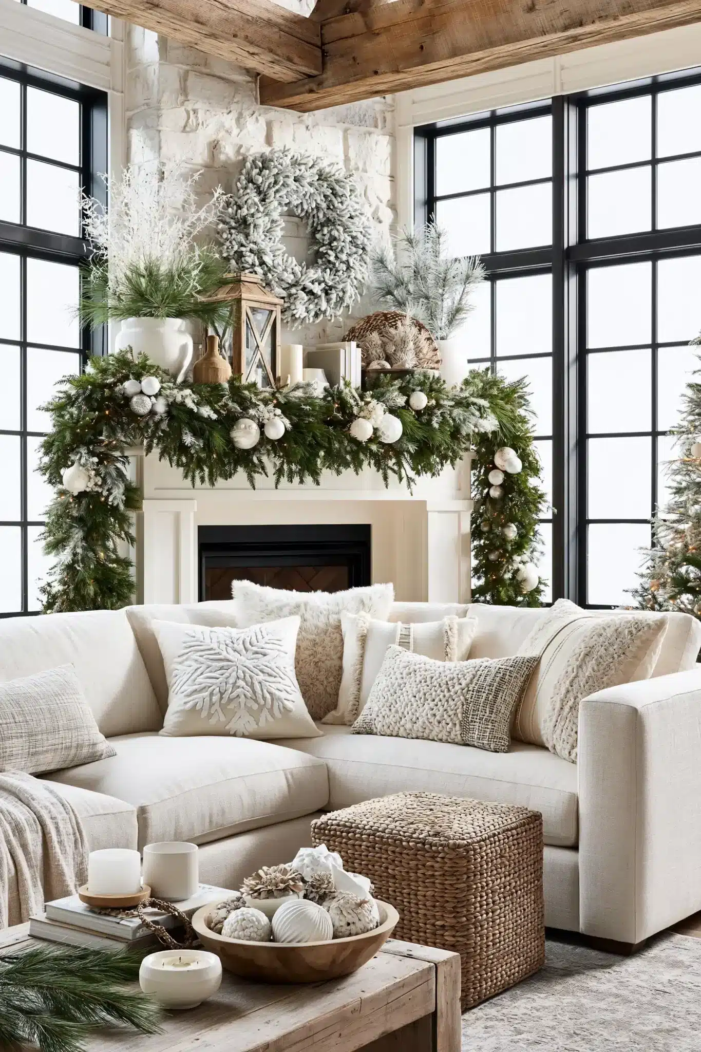 Evergreen holiday decor with snowy accents and white Christmas styling throughout the home
