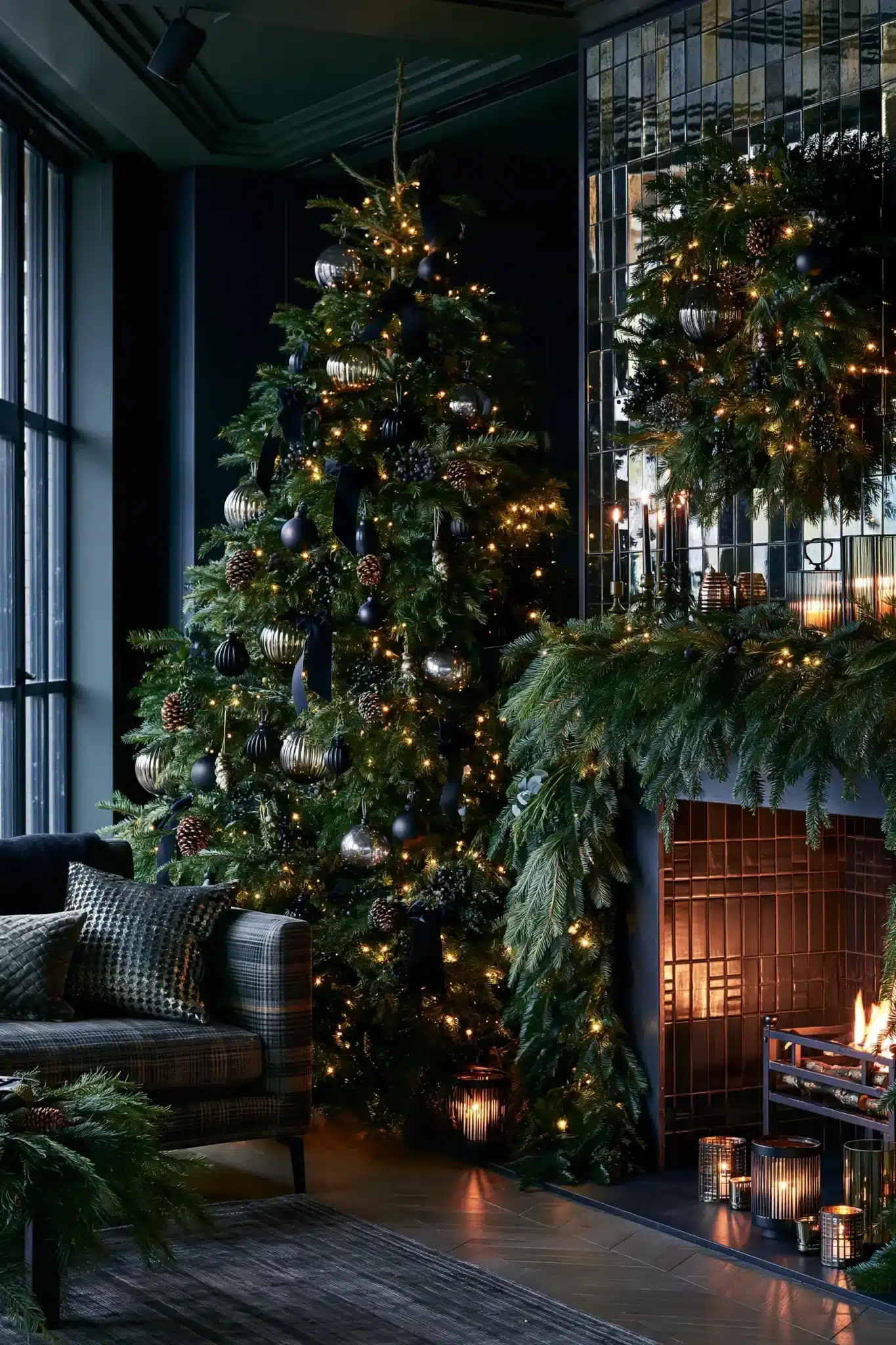 A magical moody Christmas room filled with deep evergreen branches, black ribbon, and subtle lights.