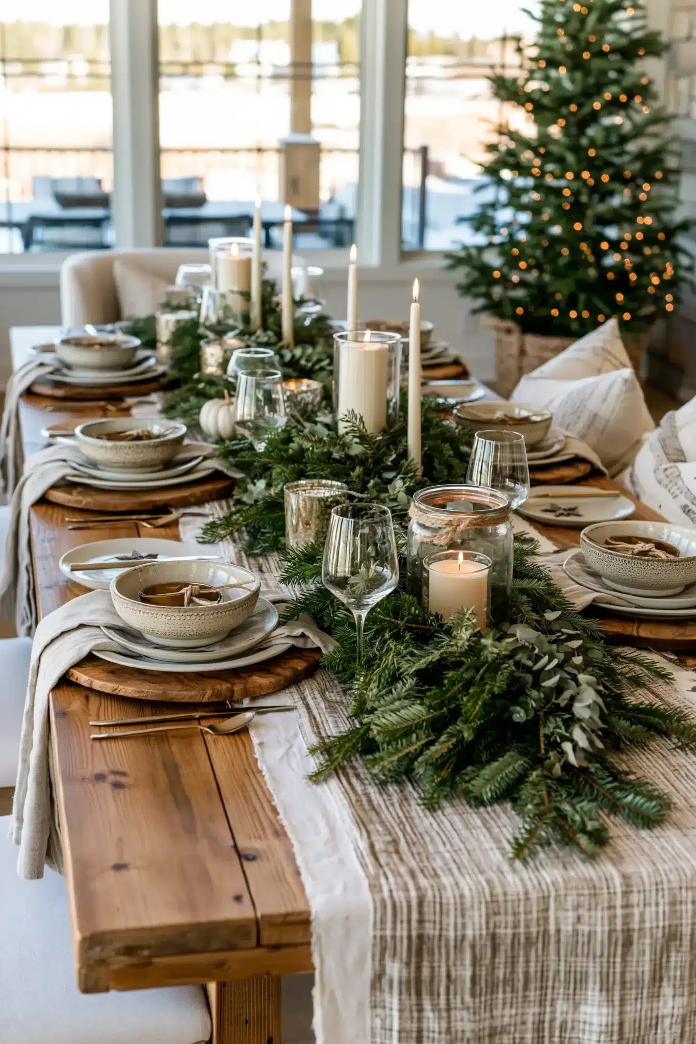 A timeless Christmas table decorated with evergreen garlands and layered textures