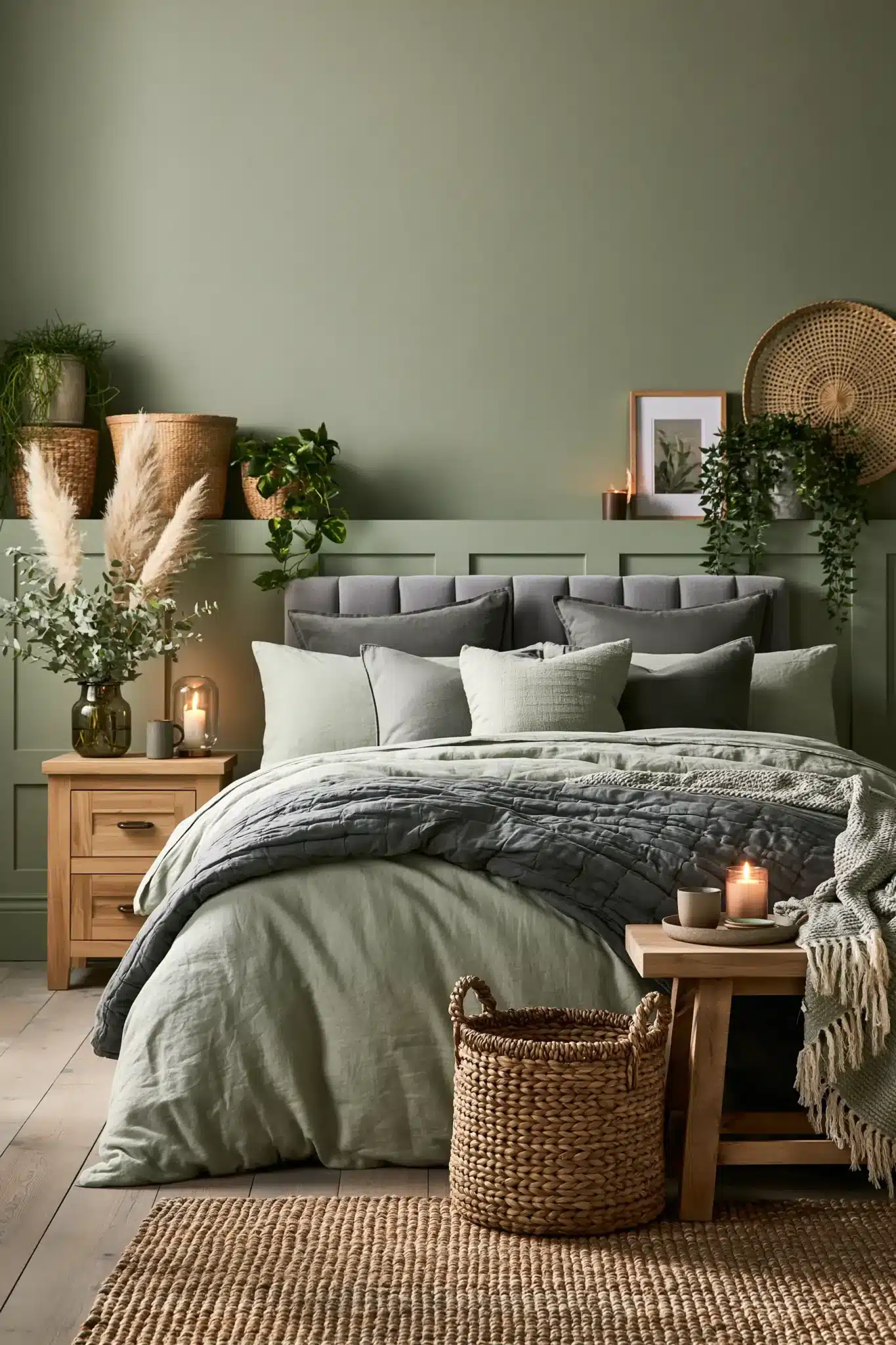Evergreen-inspired sage green and grey bedroom with layered bedding, plants, and classic furniture