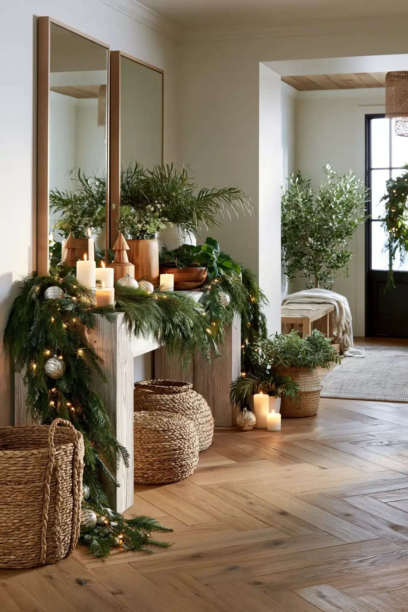 Christmas entryway table with evergreen garland, candles, ornaments, and wood accents