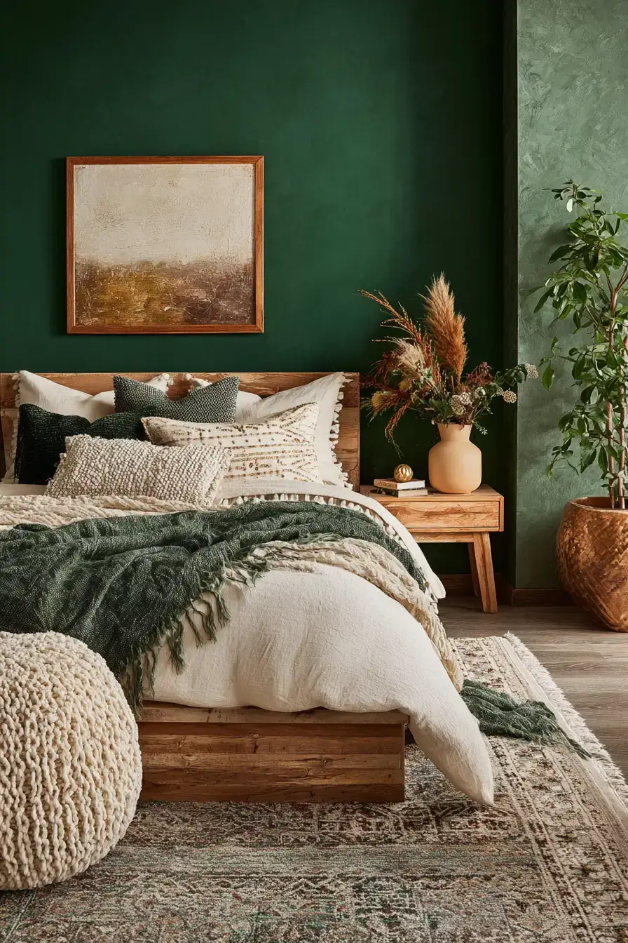 An evergreen green boho bedroom with creamy bedding and rustic finishes