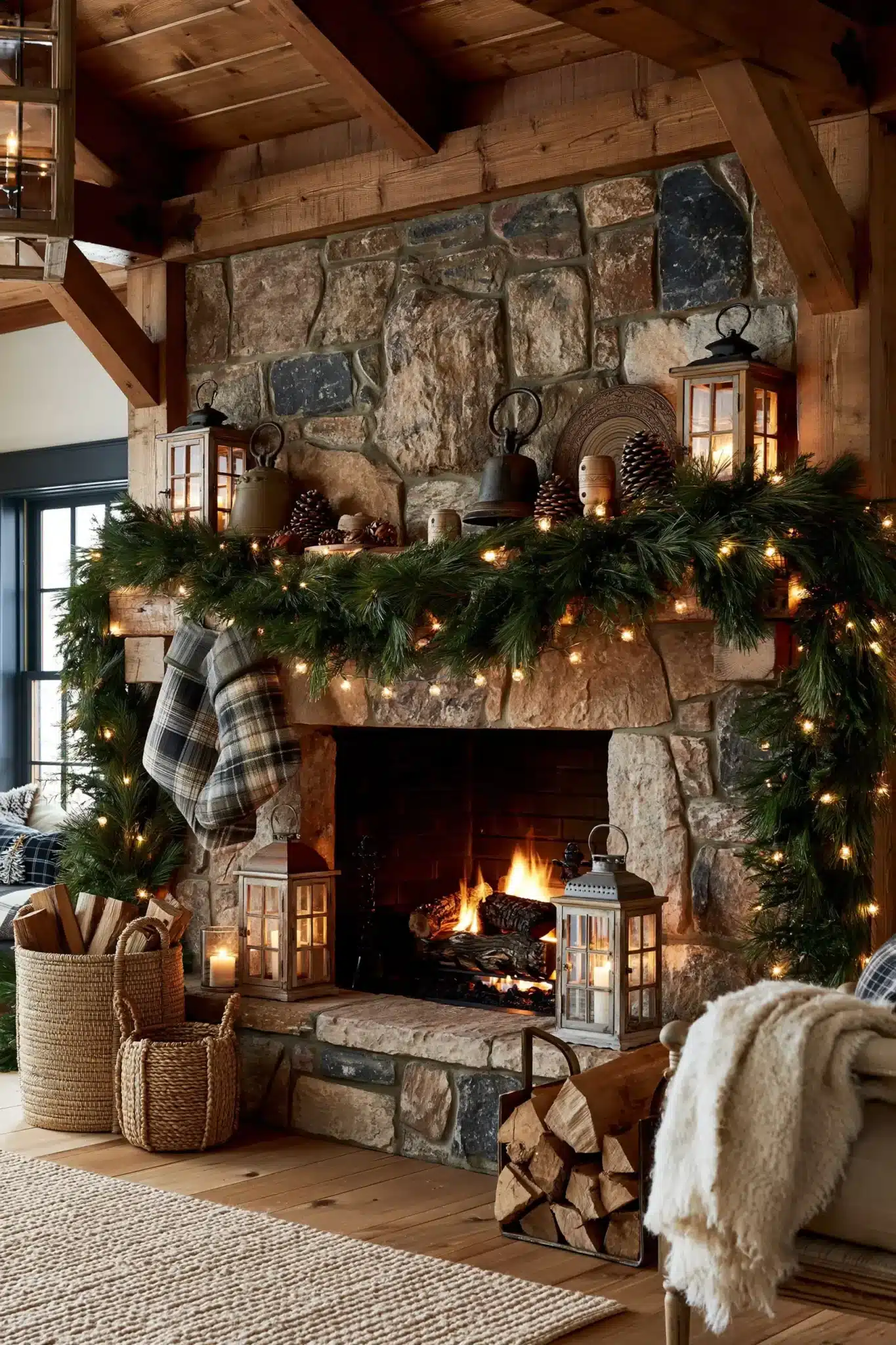 A lodge-inspired Christmas hearth with evergreen garland, plaid stockings, and lanterns.