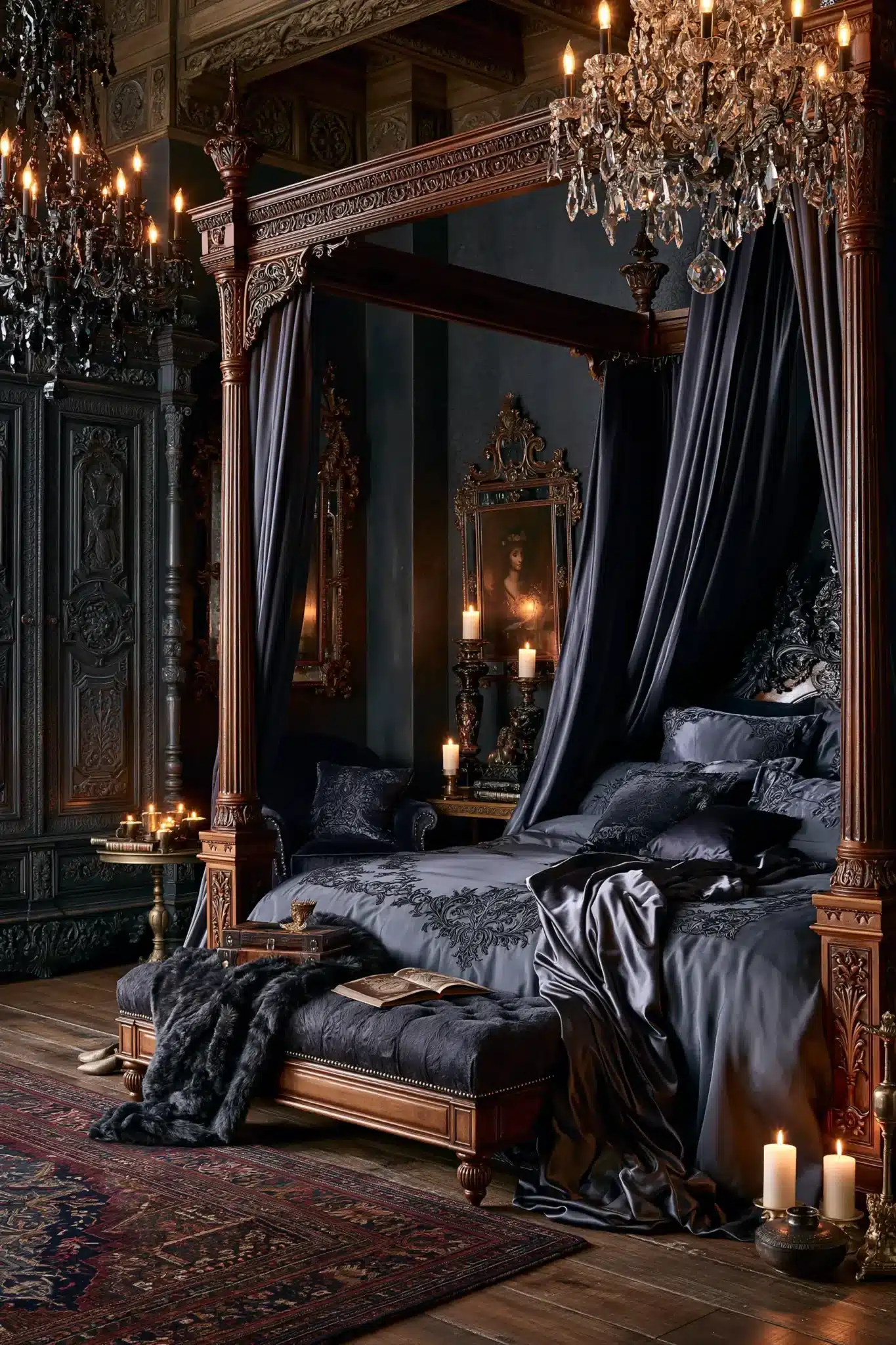 A fantasy-inspired gothic bedroom with jewel tones, canopy drapes, and ornate furniture