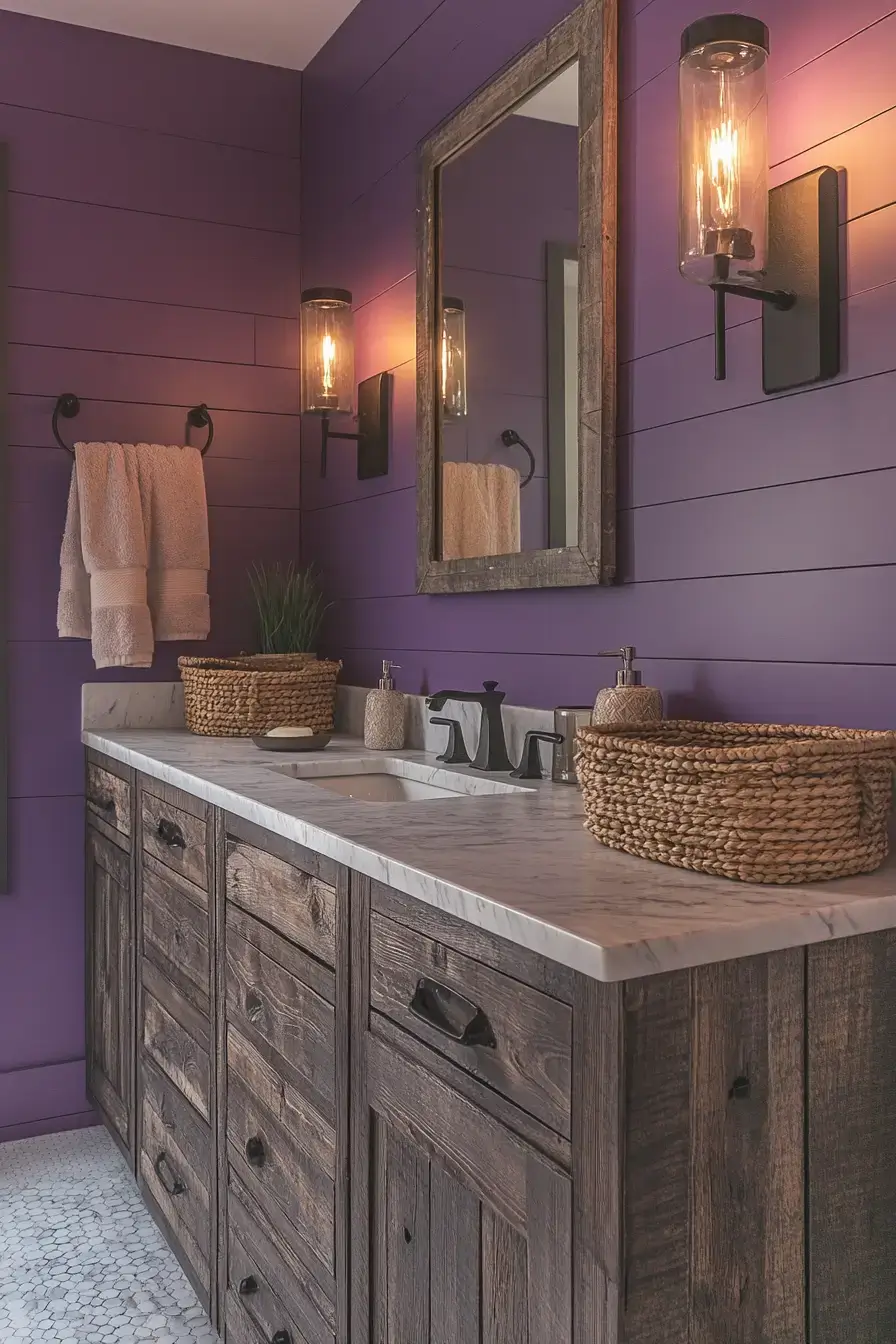 A farmhouse bathroom with lavender walls, shiplap, and rustic wood